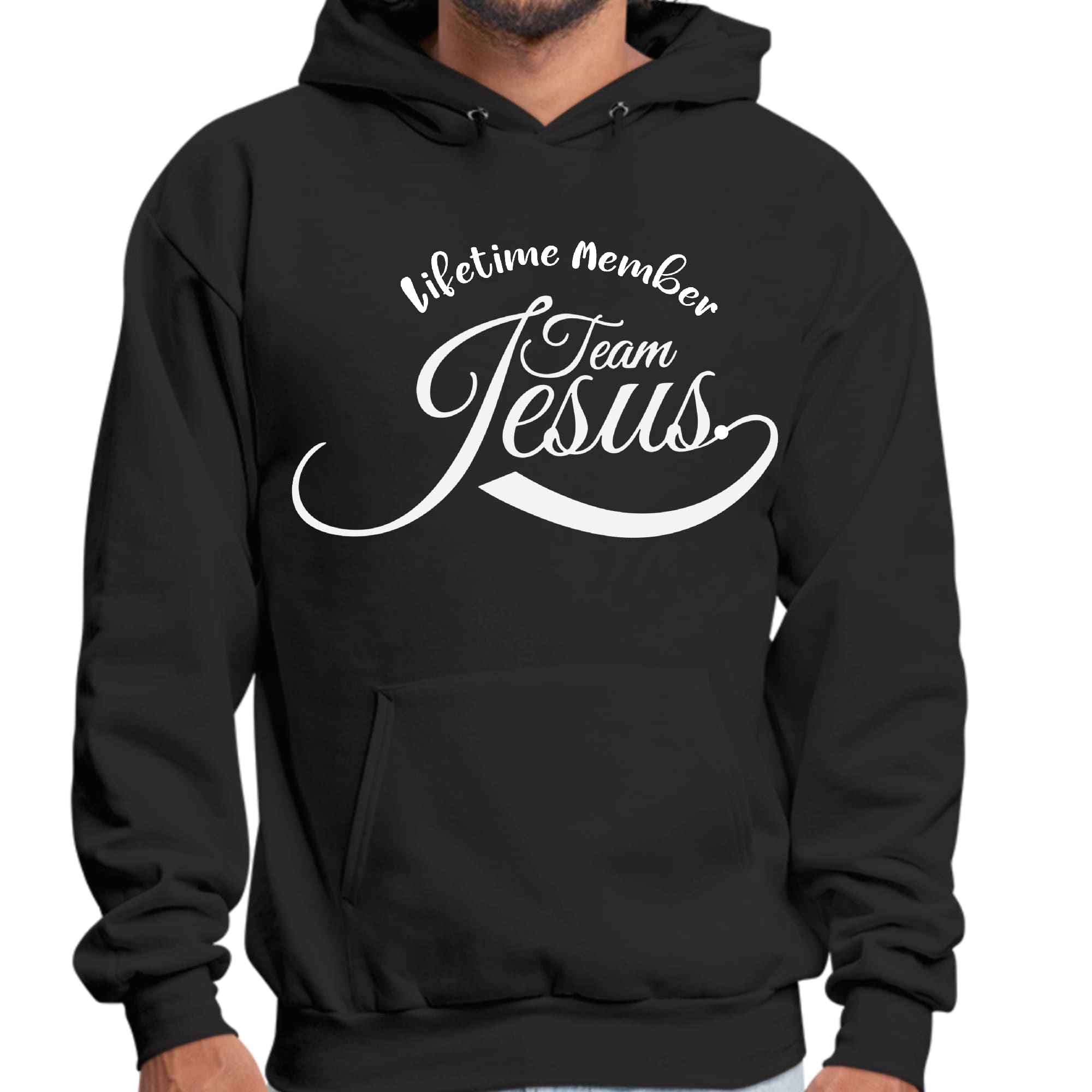 Mens Graphic Hoodie featuring Lifetime Member Team Jesus illustration, showcasing a comfortable and stylish design for everyday wear.