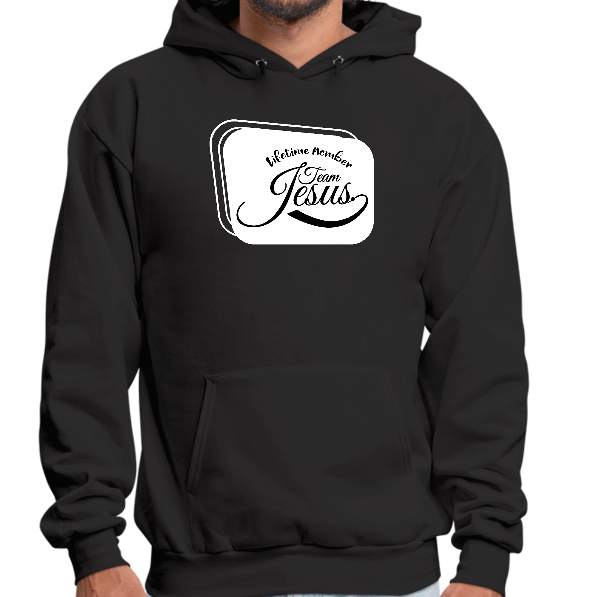 Mens Graphic Hoodie featuring Lifetime Member Team Jesus illustration, showcasing a comfortable and stylish design suitable for everyday wear.