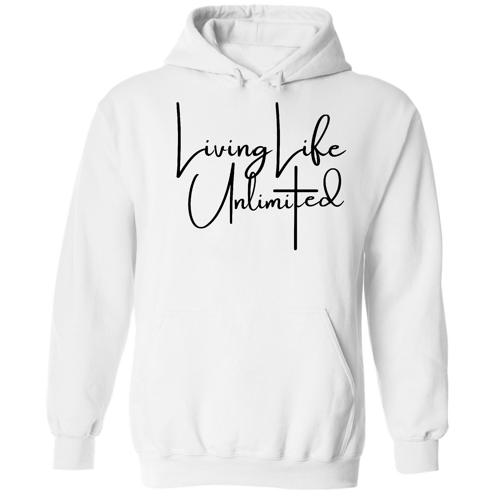 Mens Graphic Hoodie Living Life Unlimited in black with inspirational design, featuring a drawstring neckline and long sleeves.