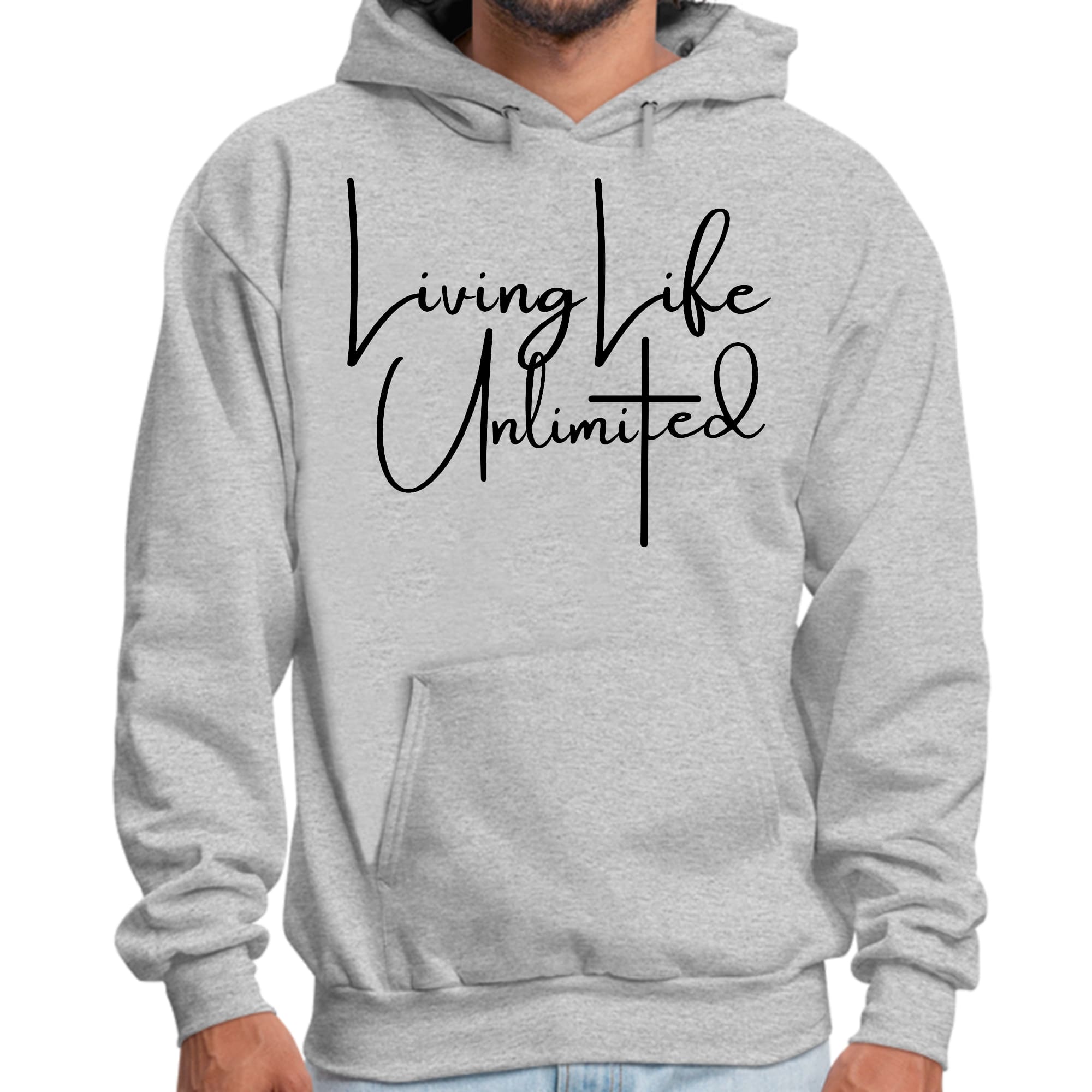 Mens Graphic Hoodie Living Life Unlimited in black with inspirational design, featuring a drawstring neckline and long sleeves.