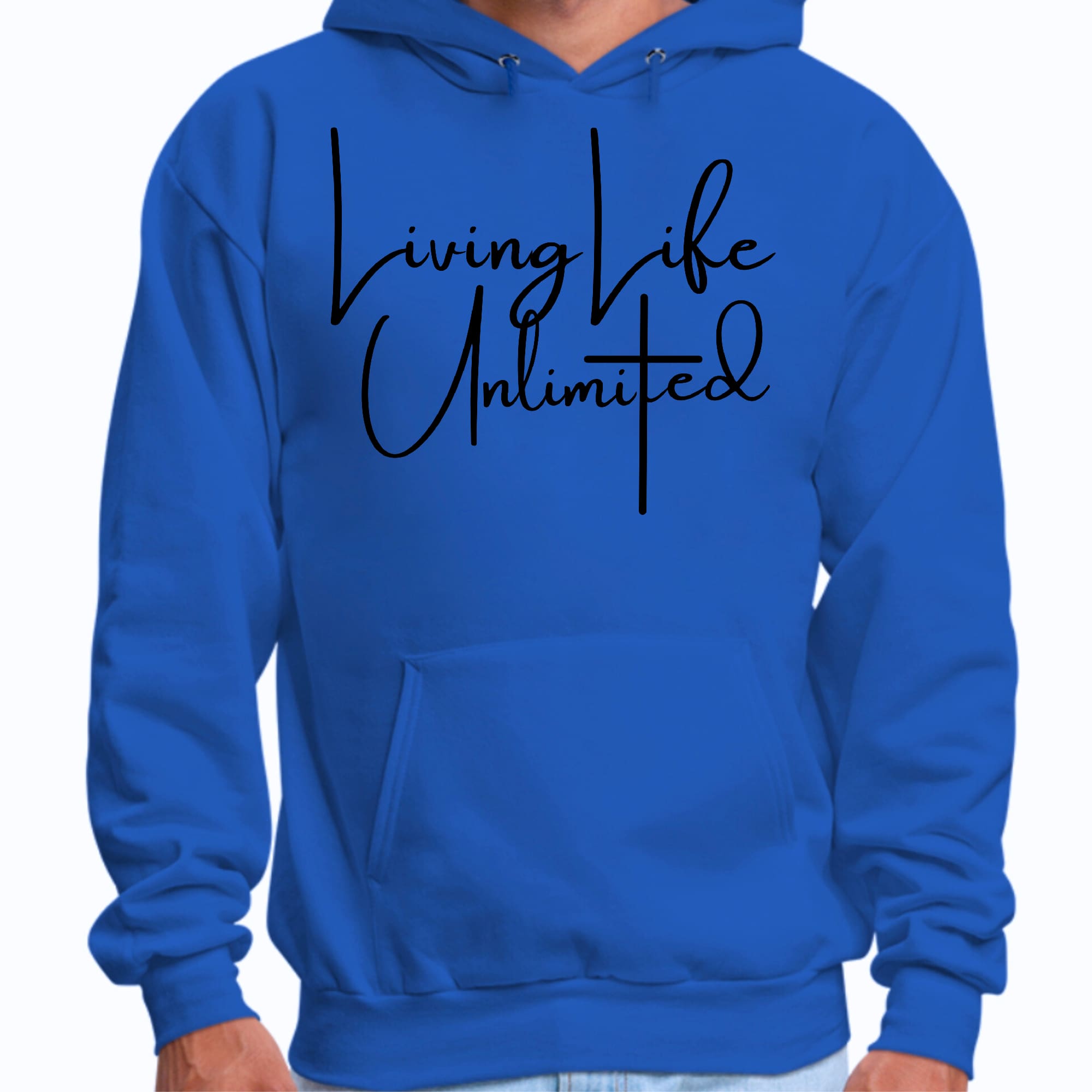 Mens Graphic Hoodie Living Life Unlimited in black with inspirational design, featuring a drawstring neckline and long sleeves.