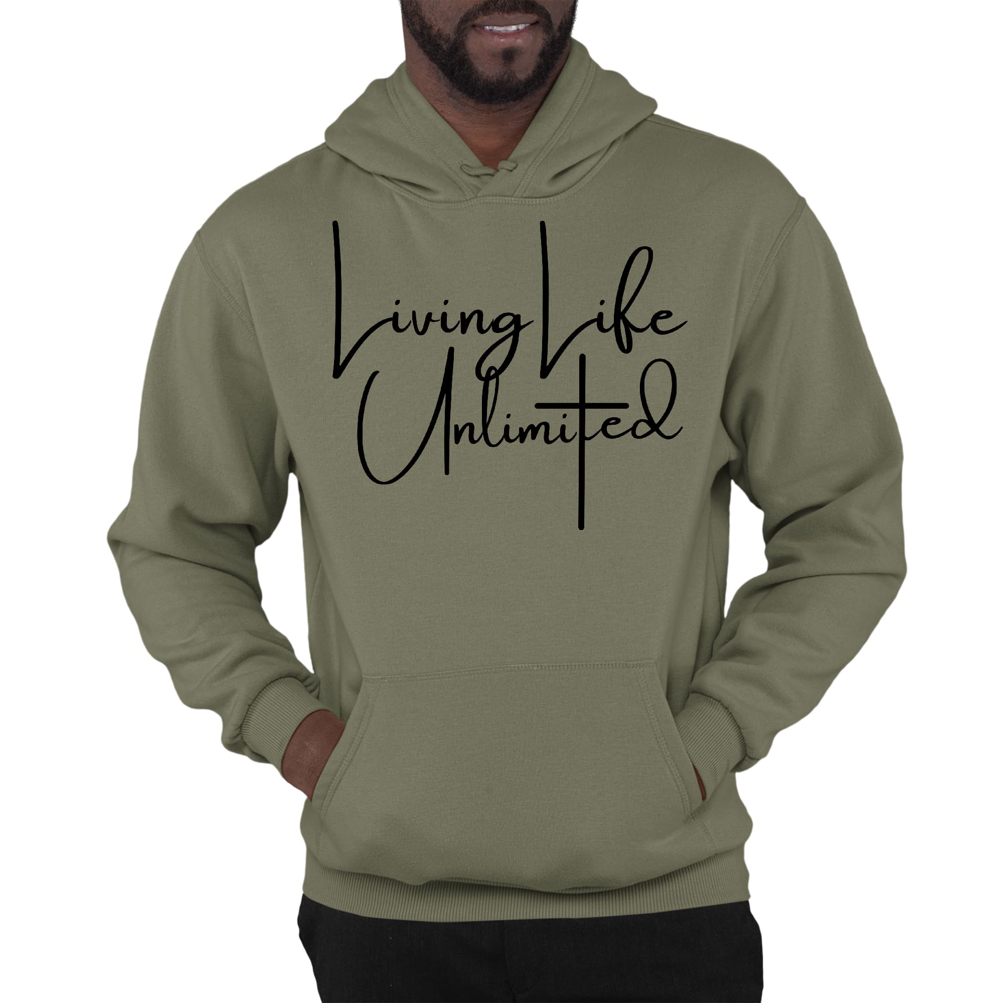 Mens Graphic Hoodie Living Life Unlimited in black with inspirational design, featuring a drawstring neckline and long sleeves.