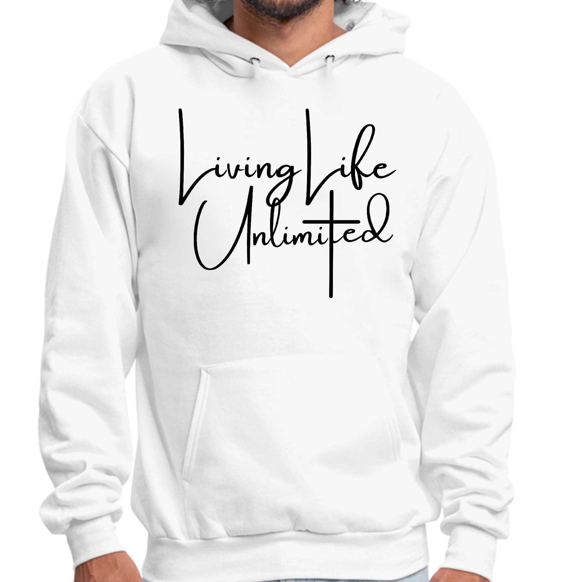 Mens Graphic Hoodie Living Life Unlimited in black with inspirational design, featuring a drawstring neckline and long sleeves.