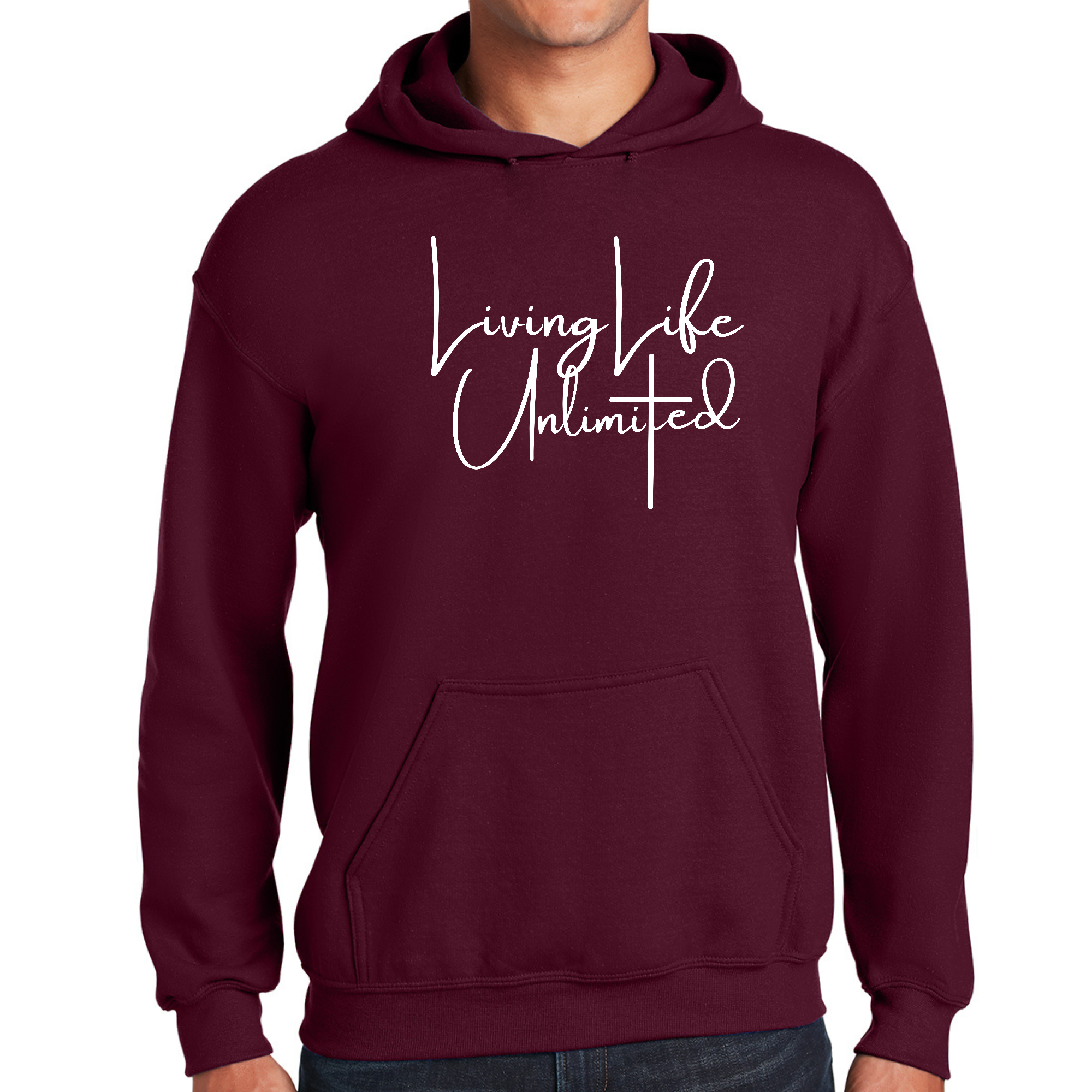 Mens Graphic Hoodie Living Life Unlimited featuring a motivational design, drawstring neckline, and long sleeves in a comfortable fit.