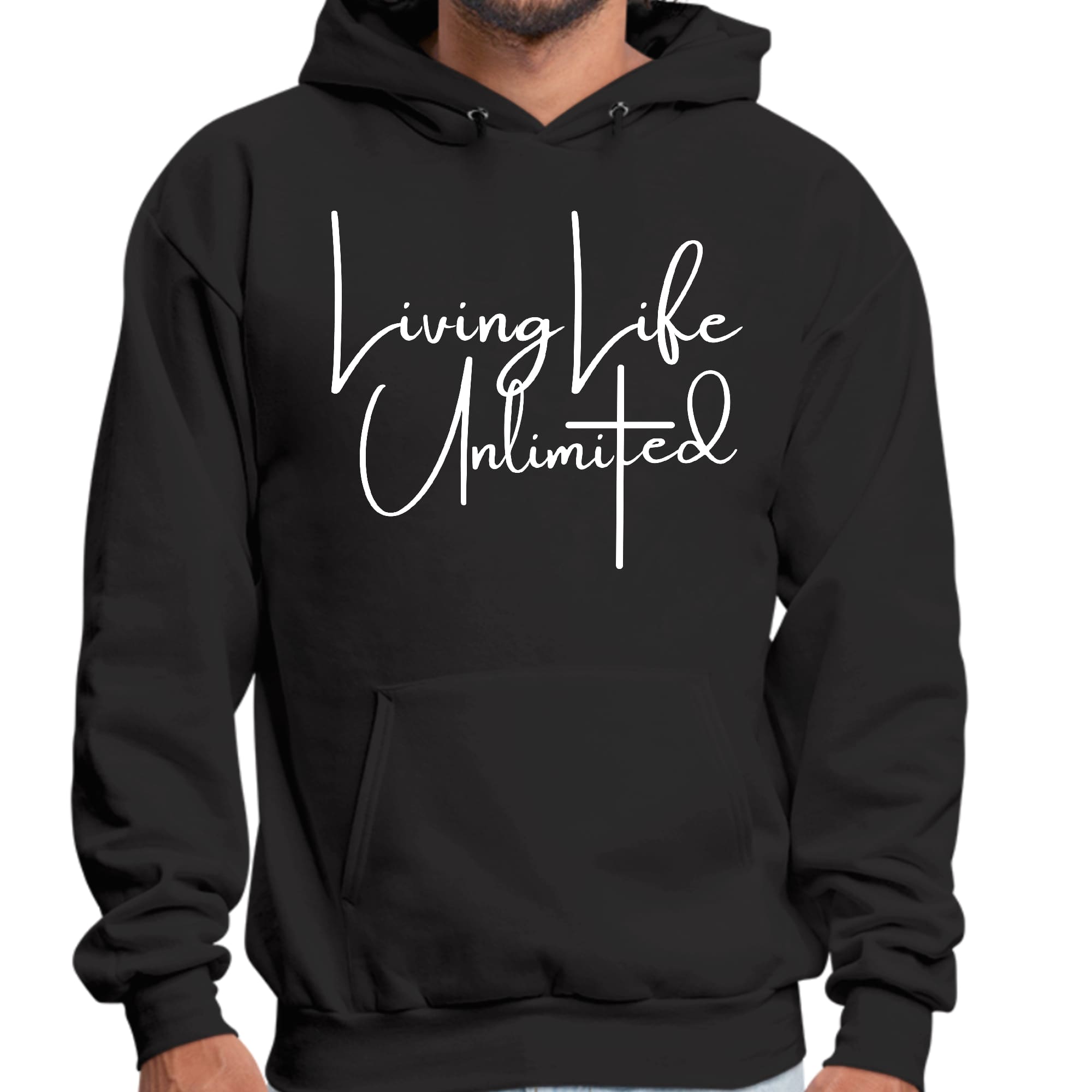 Mens Graphic Hoodie Living Life Unlimited featuring a motivational design, drawstring neckline, and long sleeves in a comfortable fit.