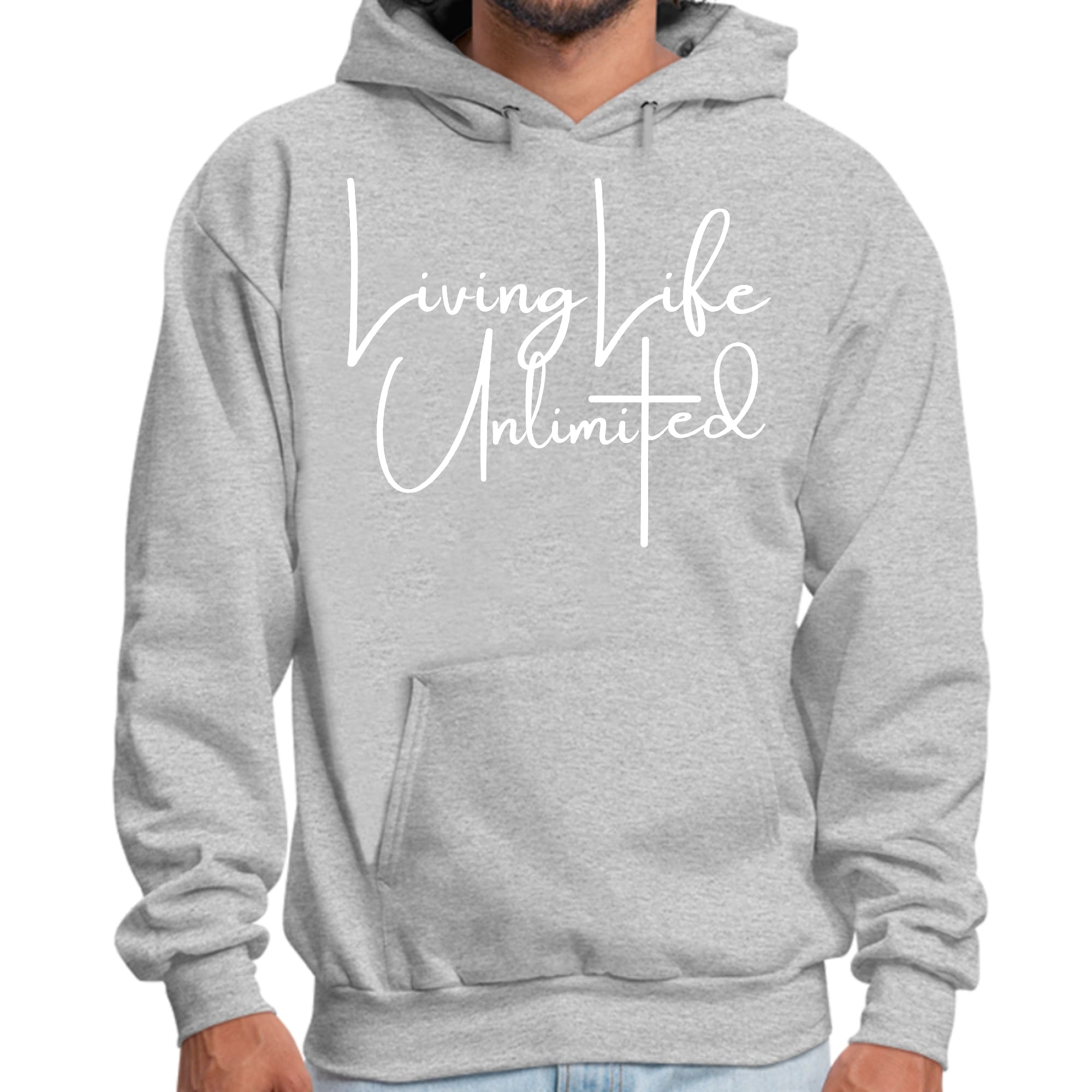 Mens Graphic Hoodie Living Life Unlimited featuring a motivational design, drawstring neckline, and long sleeves in a comfortable fit.