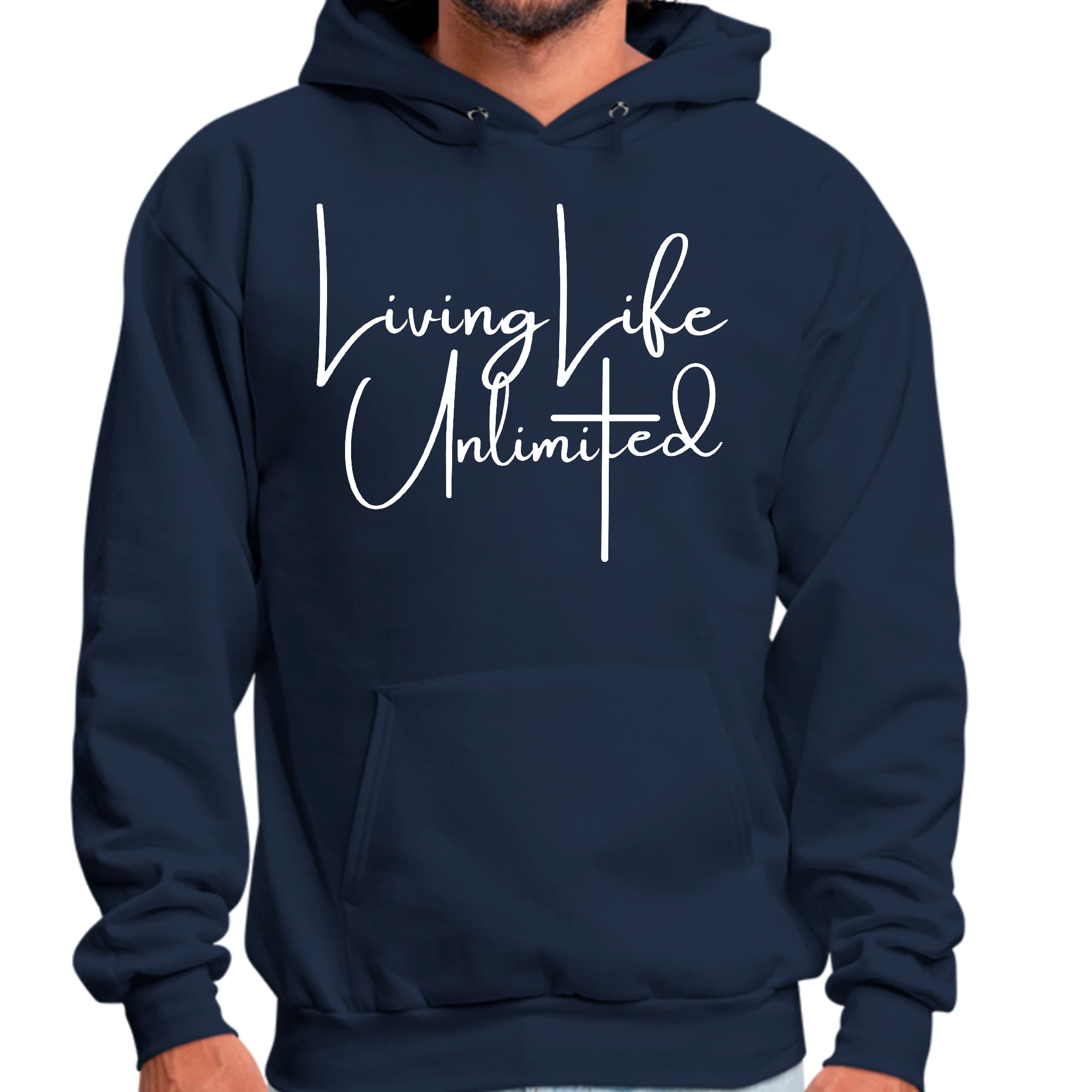 Mens Graphic Hoodie Living Life Unlimited featuring a motivational design, drawstring neckline, and long sleeves in a comfortable fit.