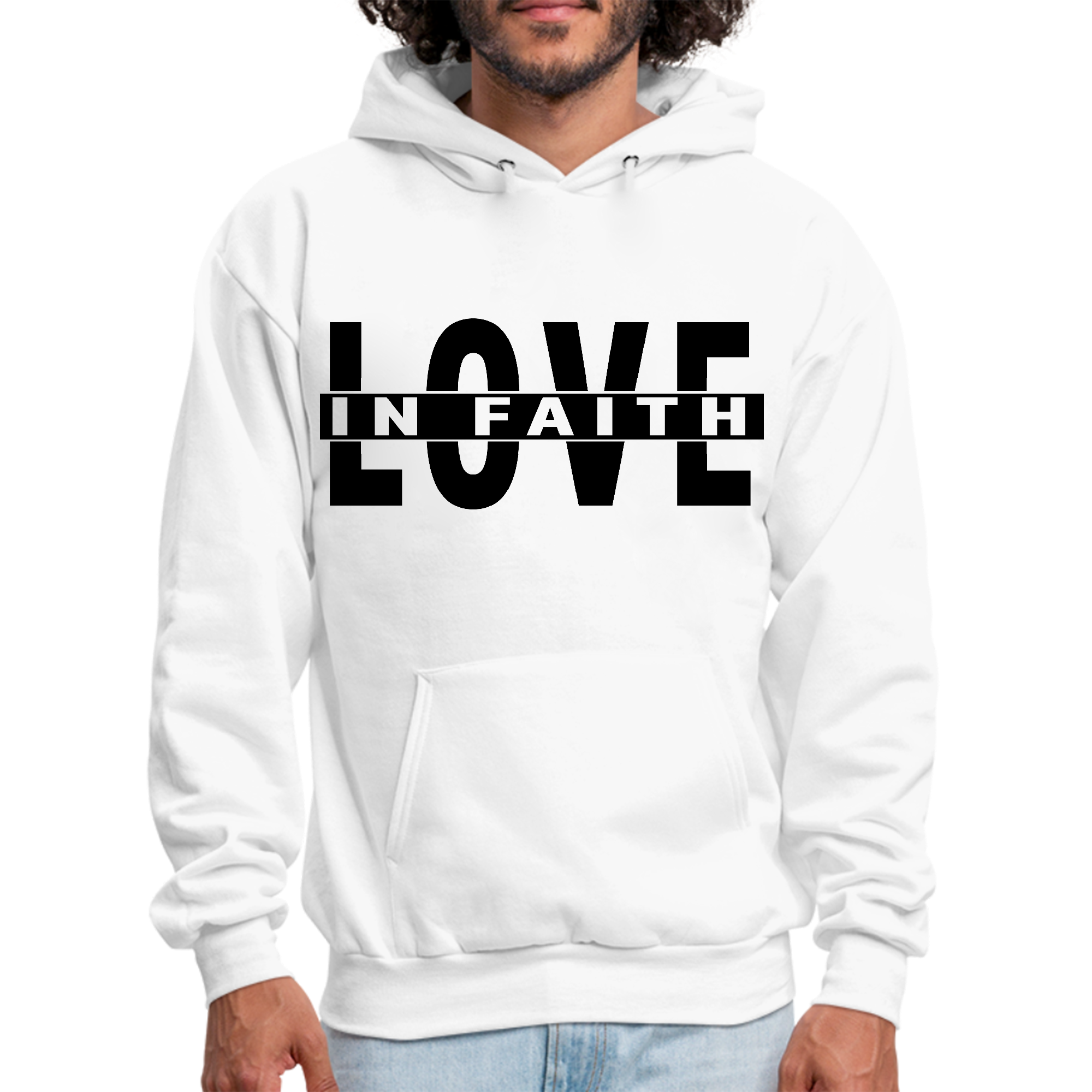 Men's black graphic hoodie featuring Love in Faith illustration, showcasing a stylish design and comfortable fit.