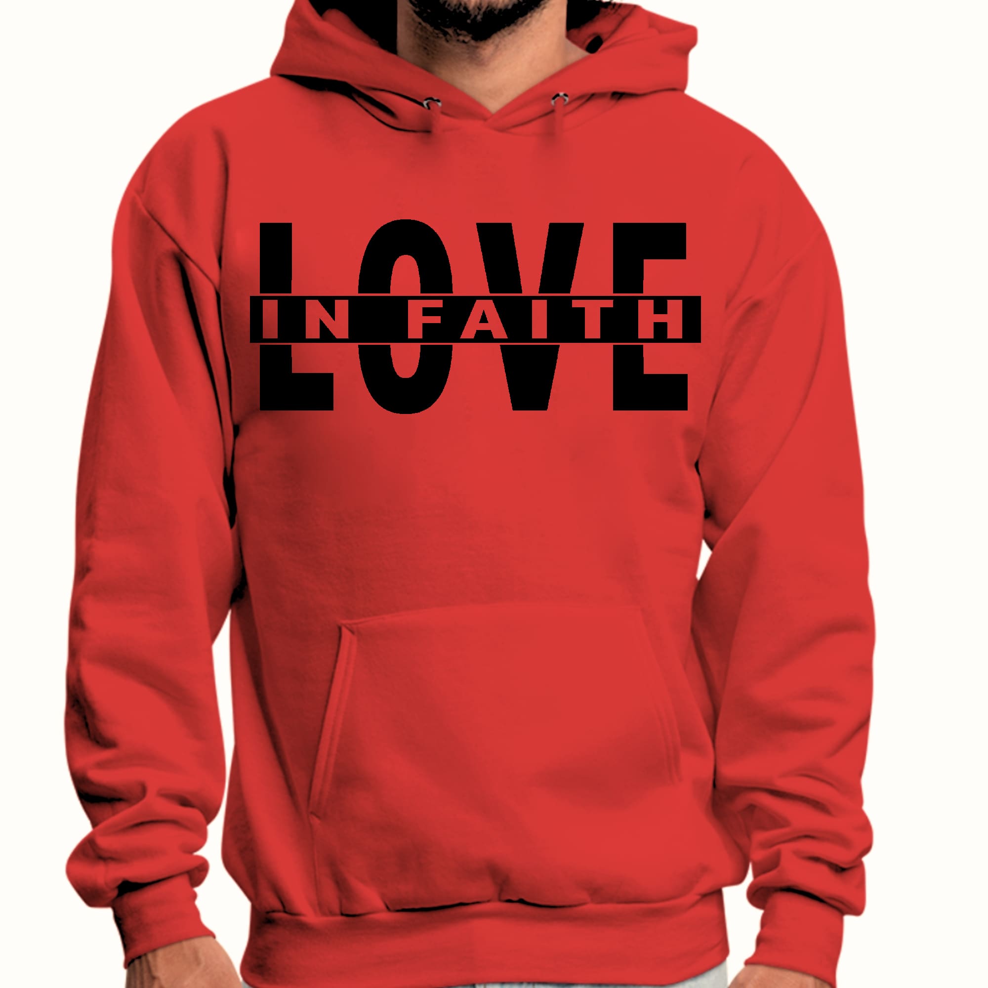 Men's black graphic hoodie featuring Love in Faith illustration, showcasing a stylish design and comfortable fit.