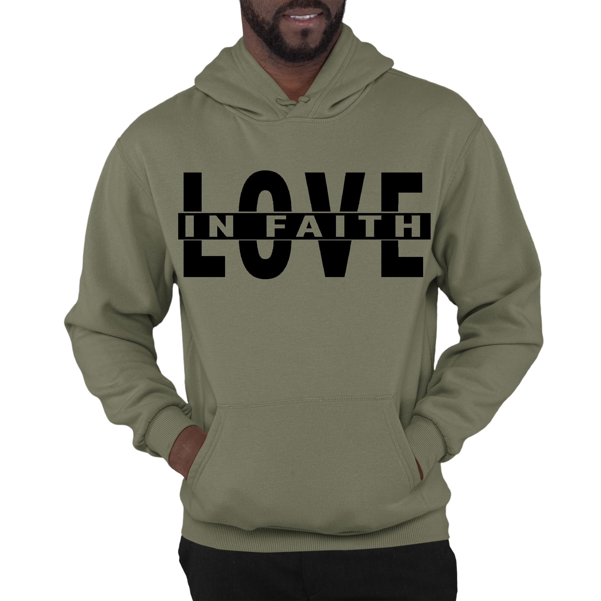 Men's black graphic hoodie featuring Love in Faith illustration, showcasing a stylish design and comfortable fit.