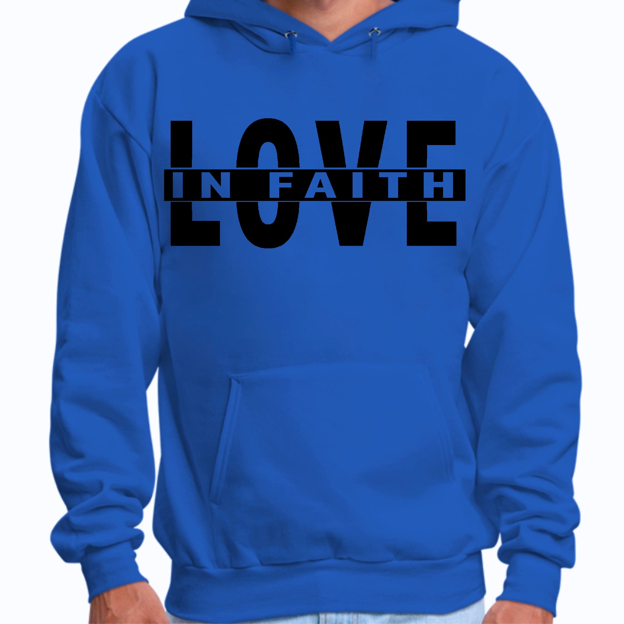 Men's black graphic hoodie featuring Love in Faith illustration, showcasing a stylish design and comfortable fit.