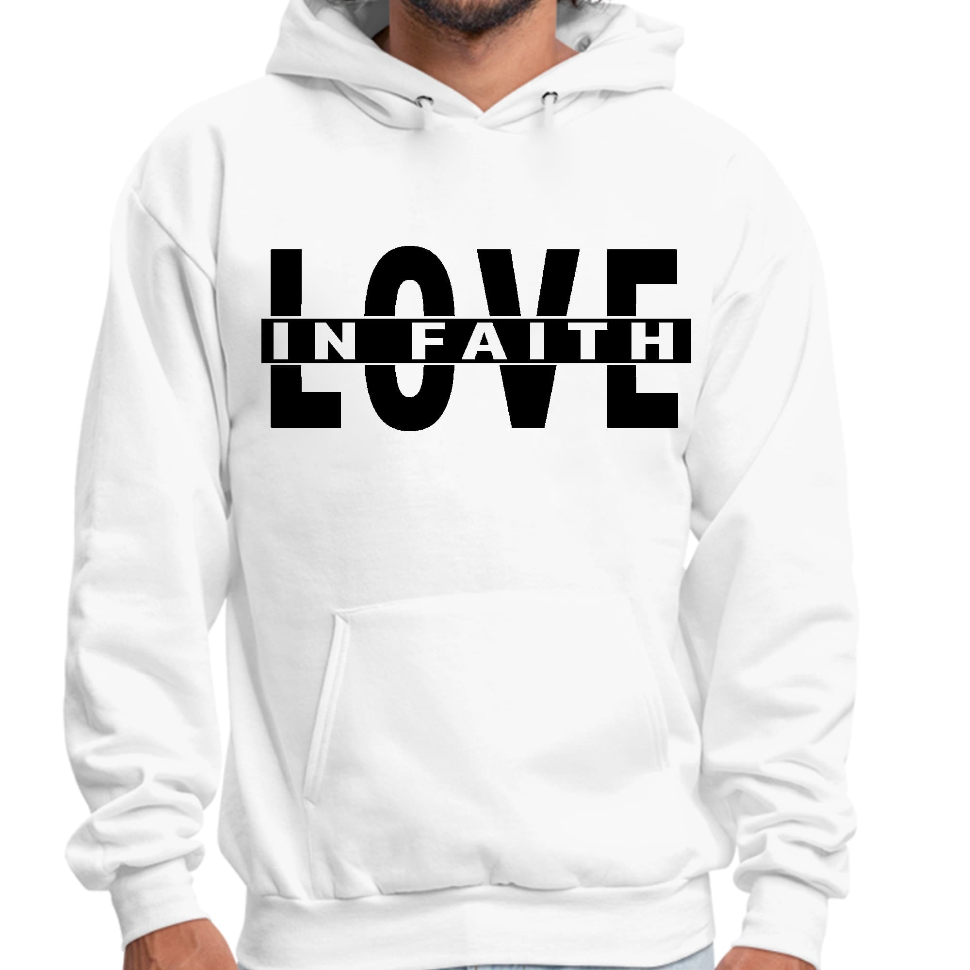 Men's black graphic hoodie featuring Love in Faith illustration, showcasing a stylish design and comfortable fit.