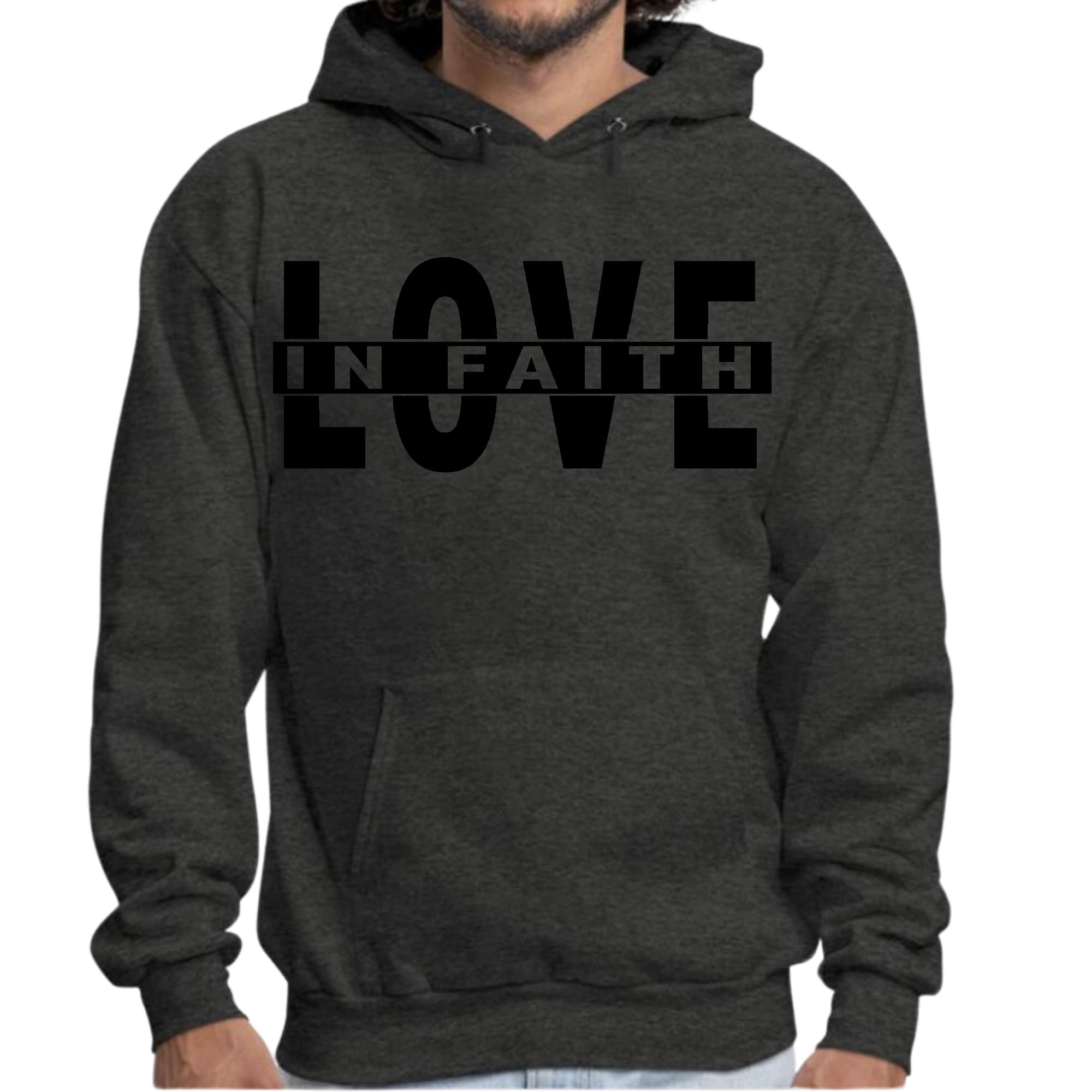 Men's black graphic hoodie featuring Love in Faith illustration, showcasing a stylish design and comfortable fit.