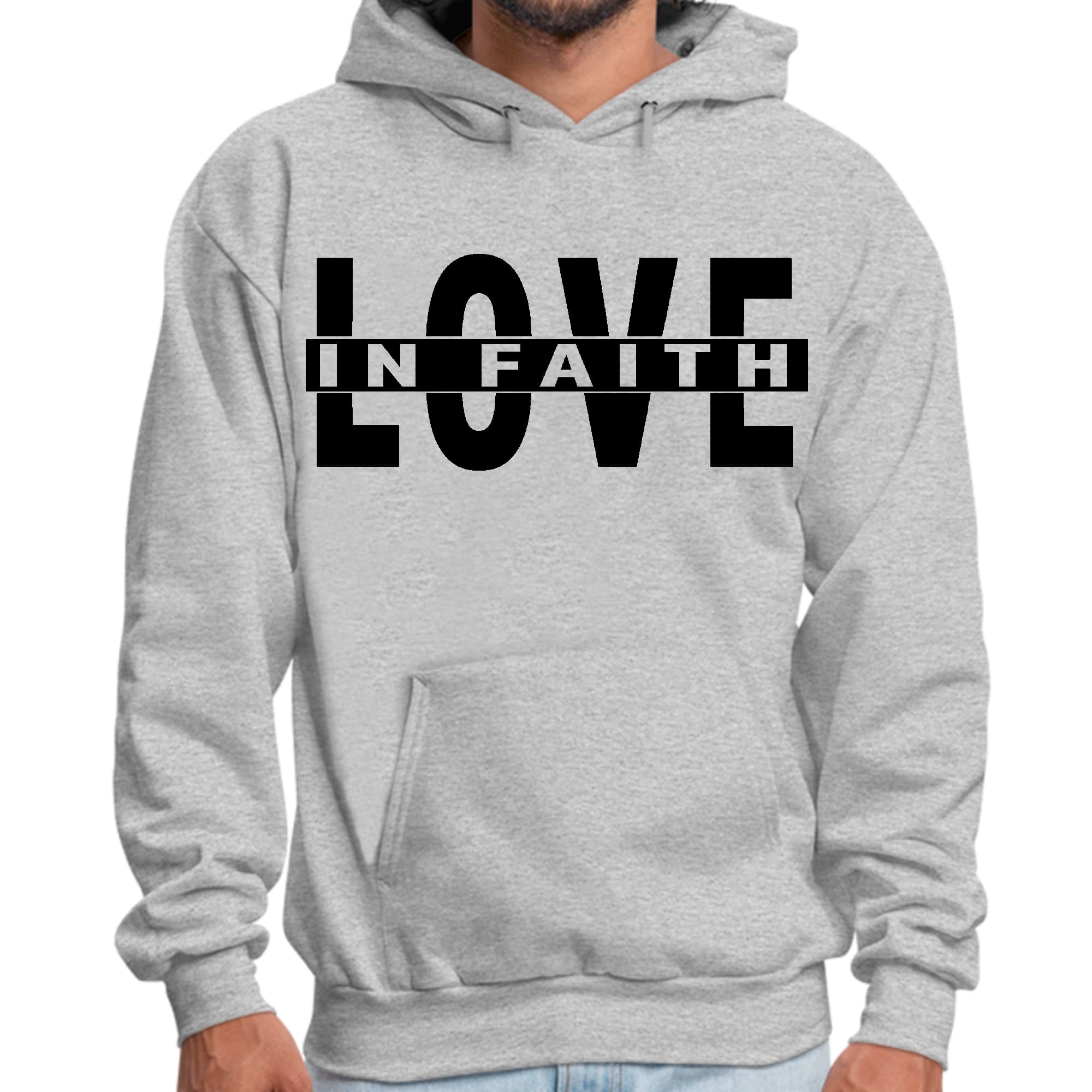 Men's black graphic hoodie featuring Love in Faith illustration, showcasing a stylish design and comfortable fit.