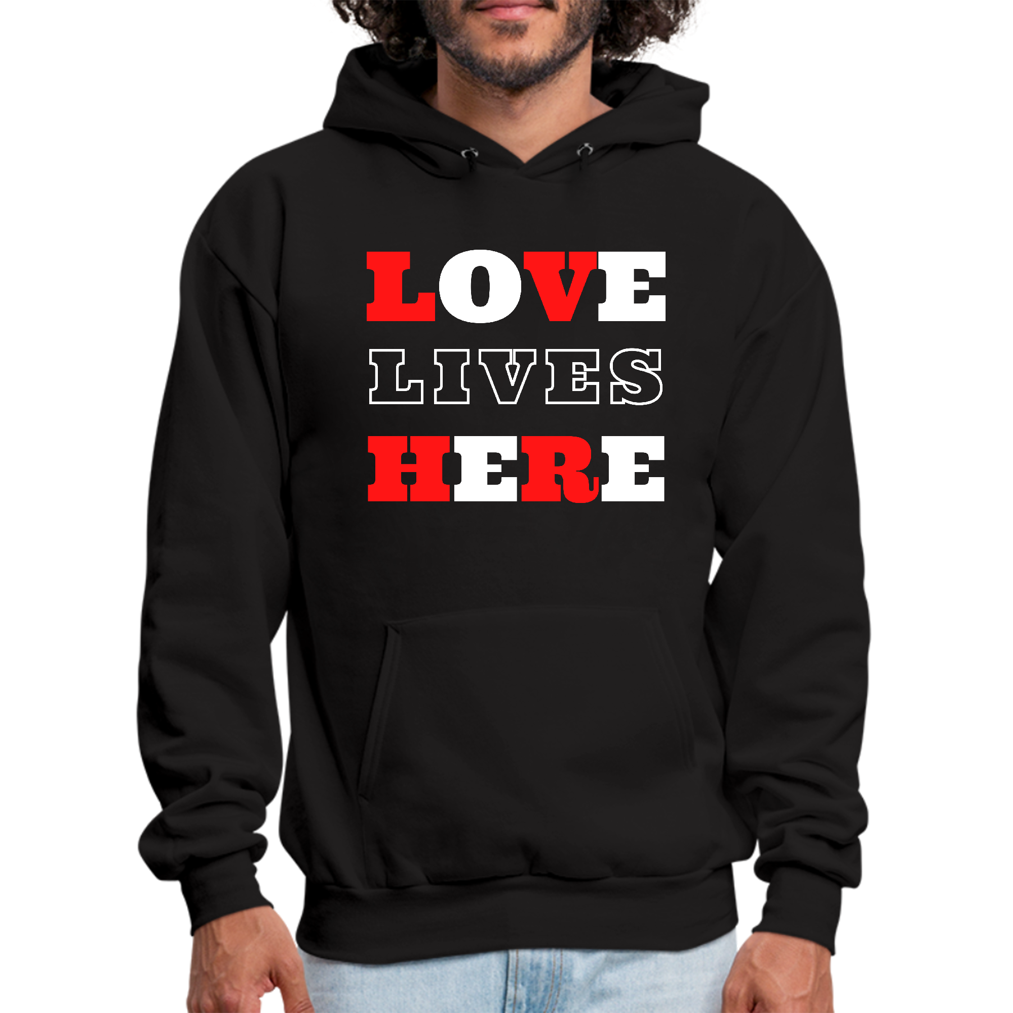 Mens Graphic Hoodie featuring 'Love Lives Here' design, showcasing a comfortable fit and drawstring neckline.