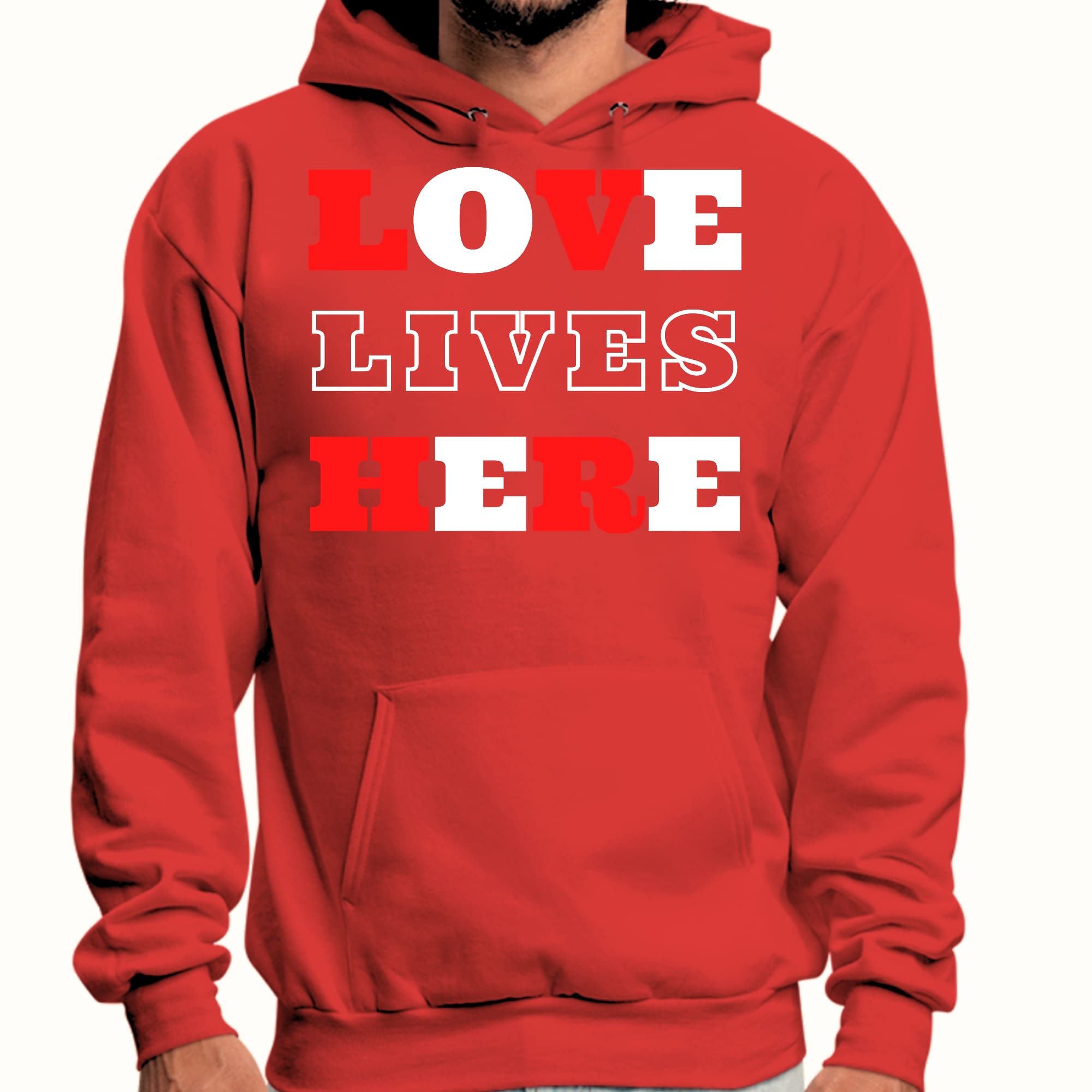 Mens Graphic Hoodie featuring 'Love Lives Here' design, showcasing a comfortable fit and drawstring neckline.