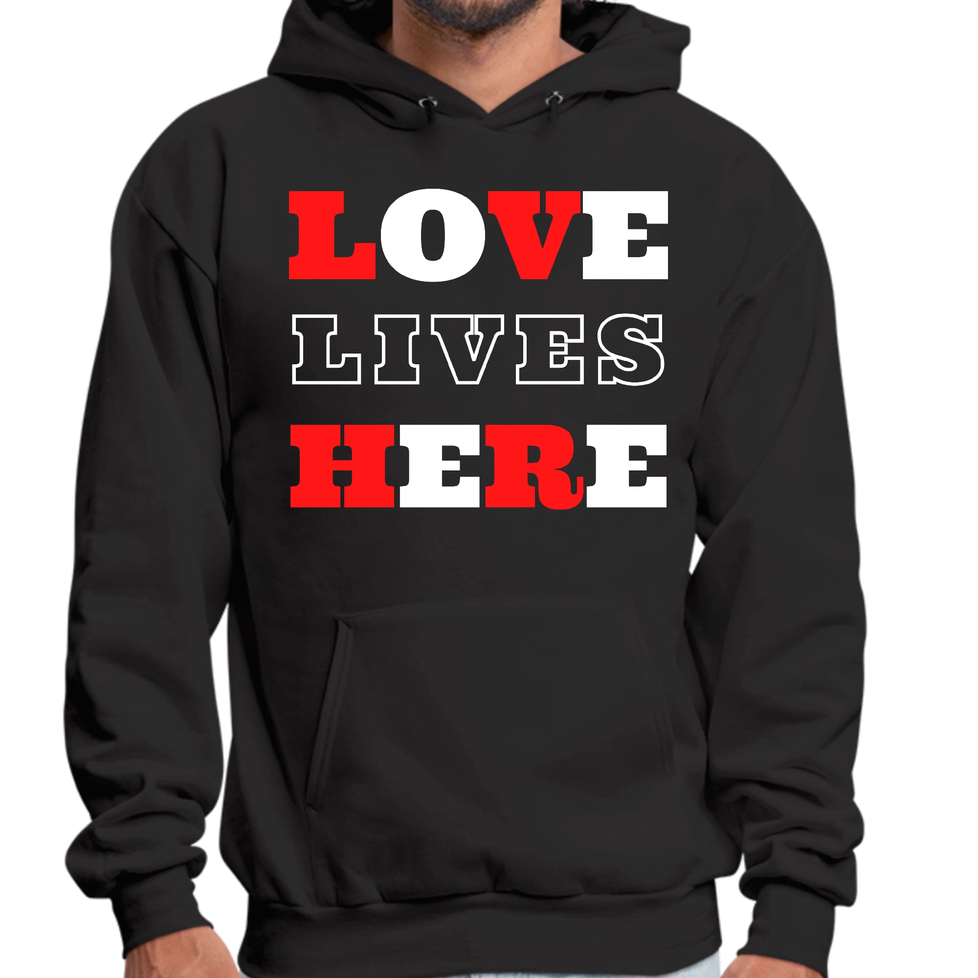 Mens Graphic Hoodie featuring 'Love Lives Here' design, showcasing a comfortable fit and drawstring neckline.