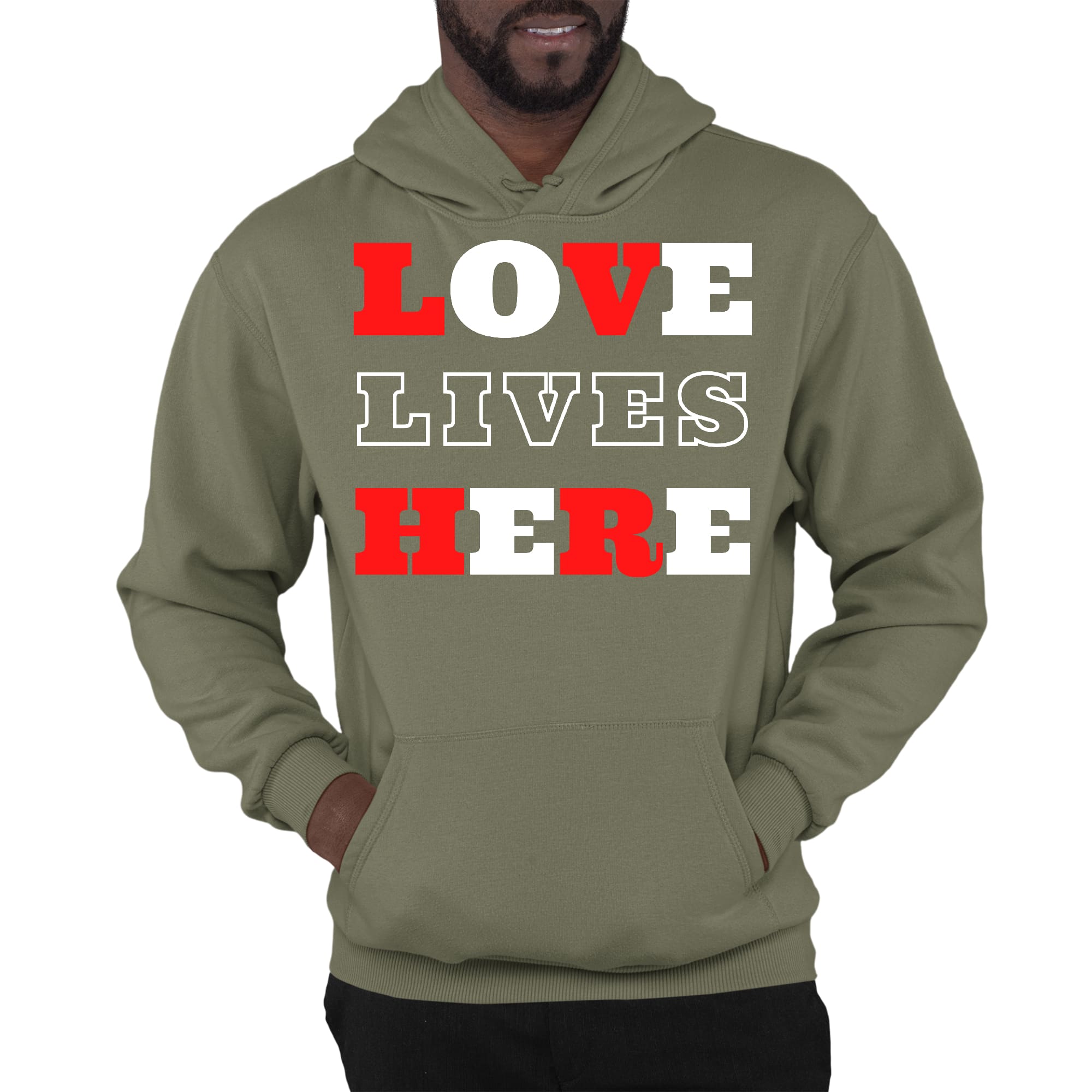 Mens Graphic Hoodie featuring 'Love Lives Here' design, showcasing a comfortable fit and drawstring neckline.