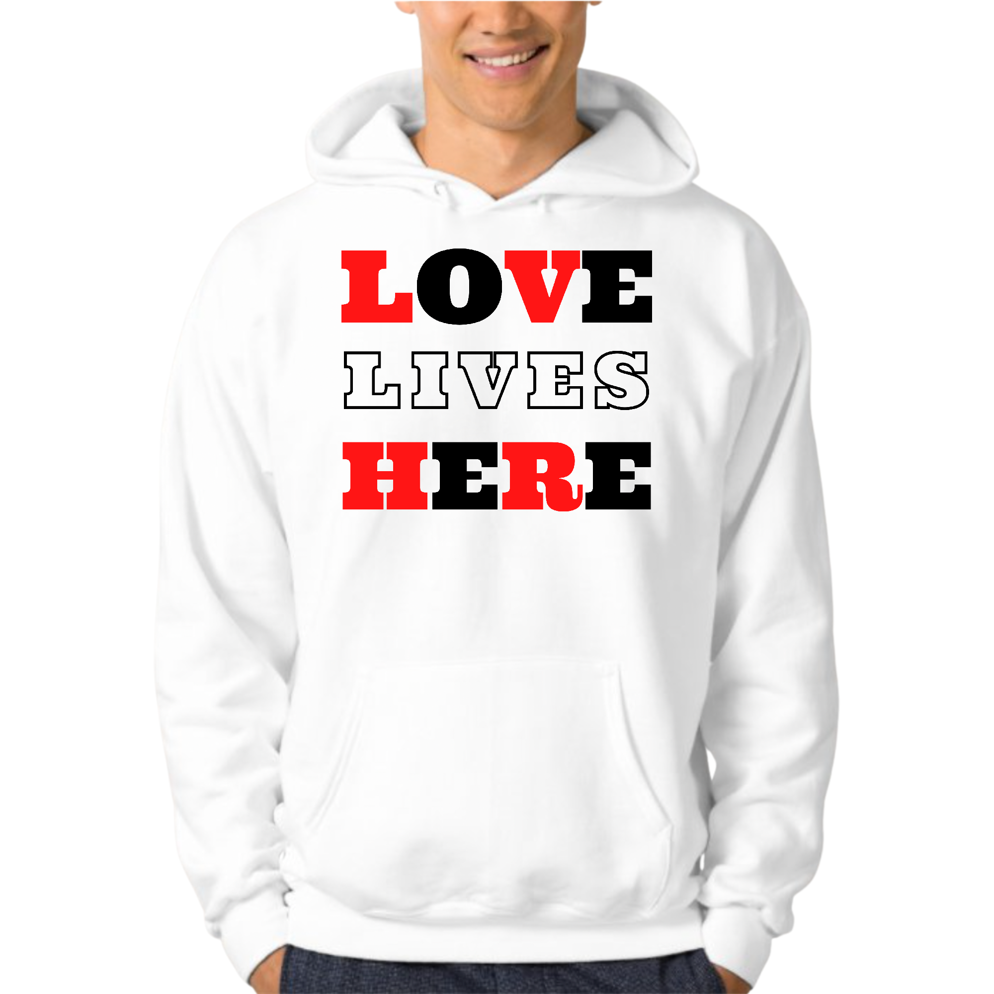 Men's Graphic Hoodie in red and black with 'Love Lives Here' illustration, showcasing a comfortable and stylish design.