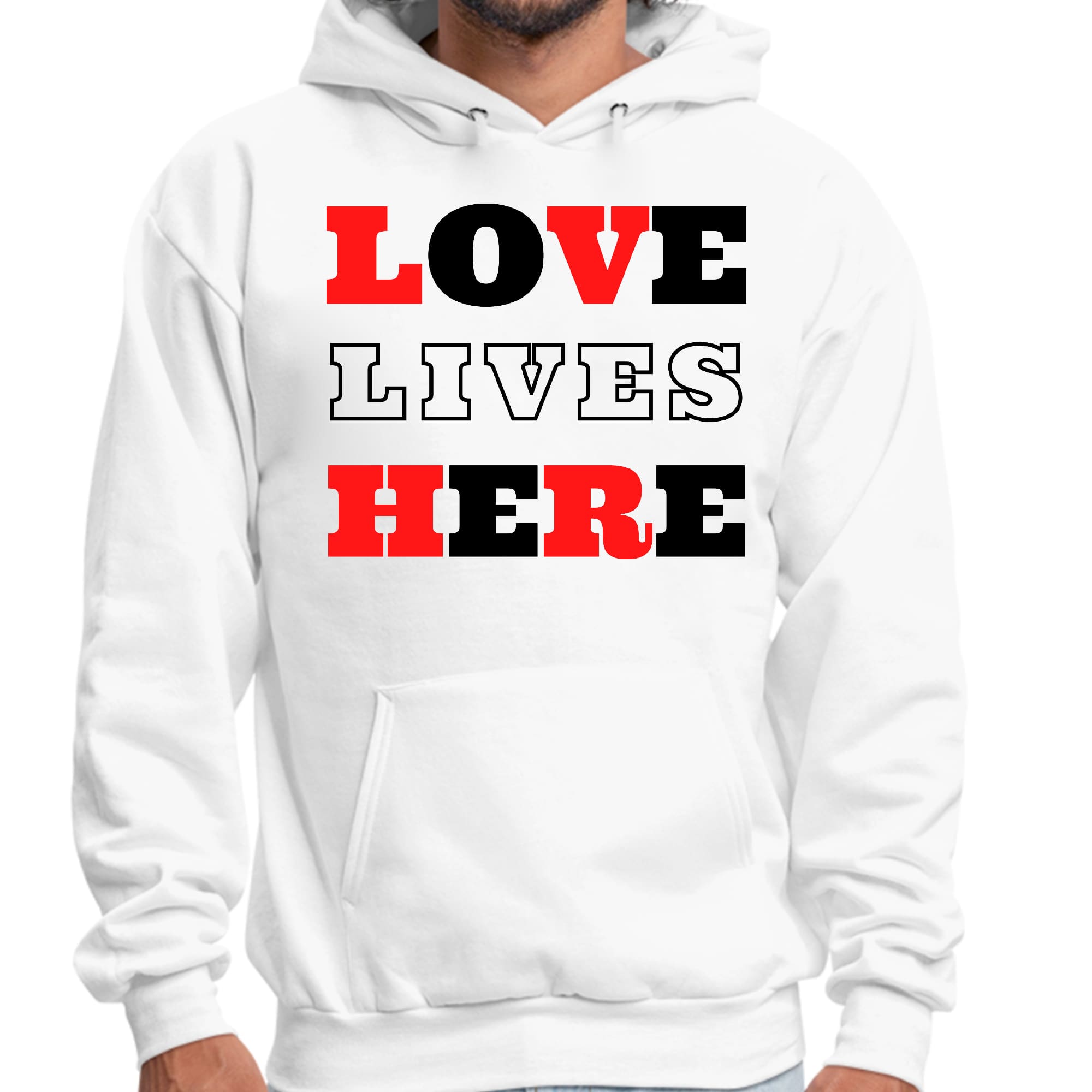 Men's Graphic Hoodie in red and black with 'Love Lives Here' illustration, showcasing a comfortable and stylish design.