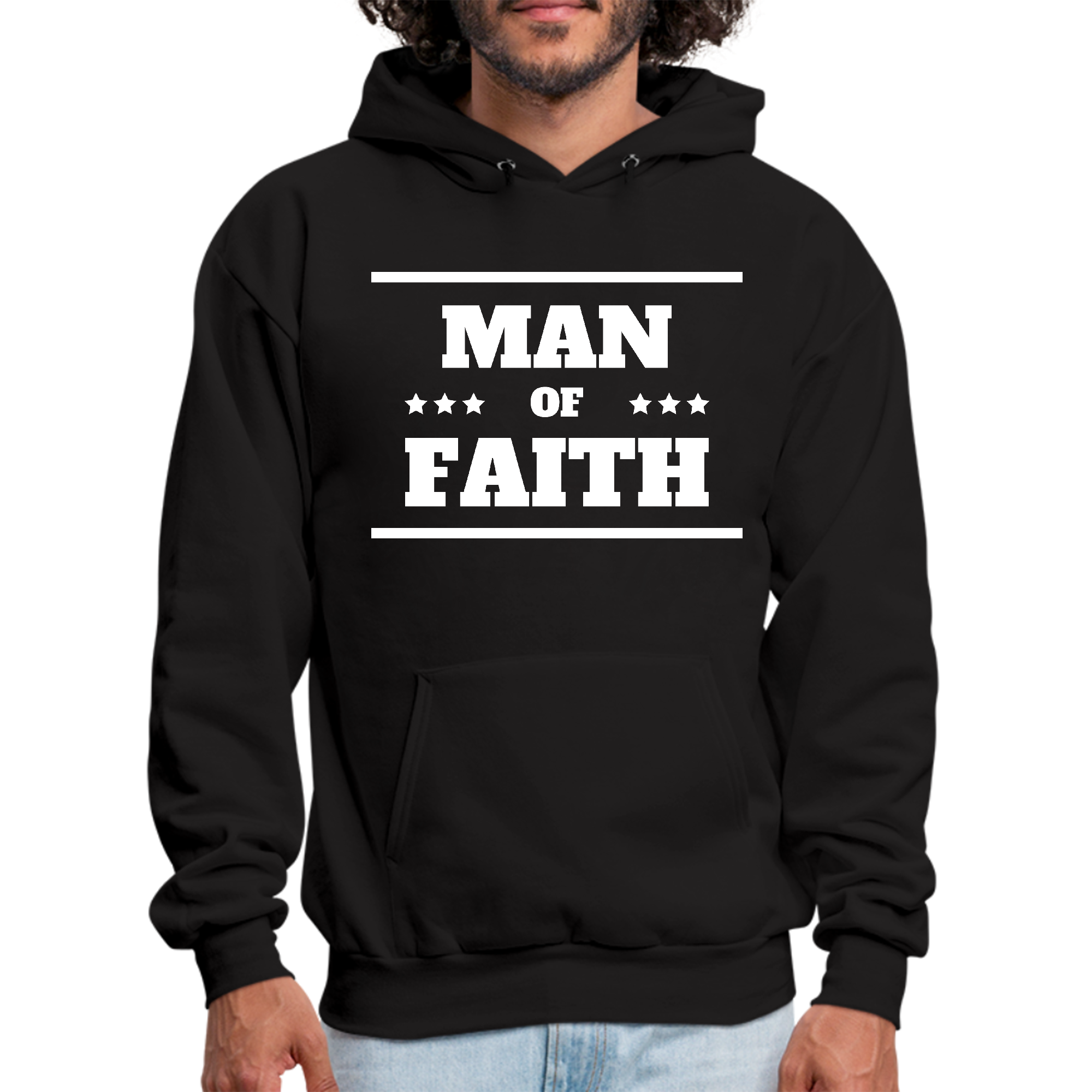 Mens Graphic Hoodie Man of Faith featuring a stylish design, drawstring neckline, and long sleeves, perfect for casual wear.