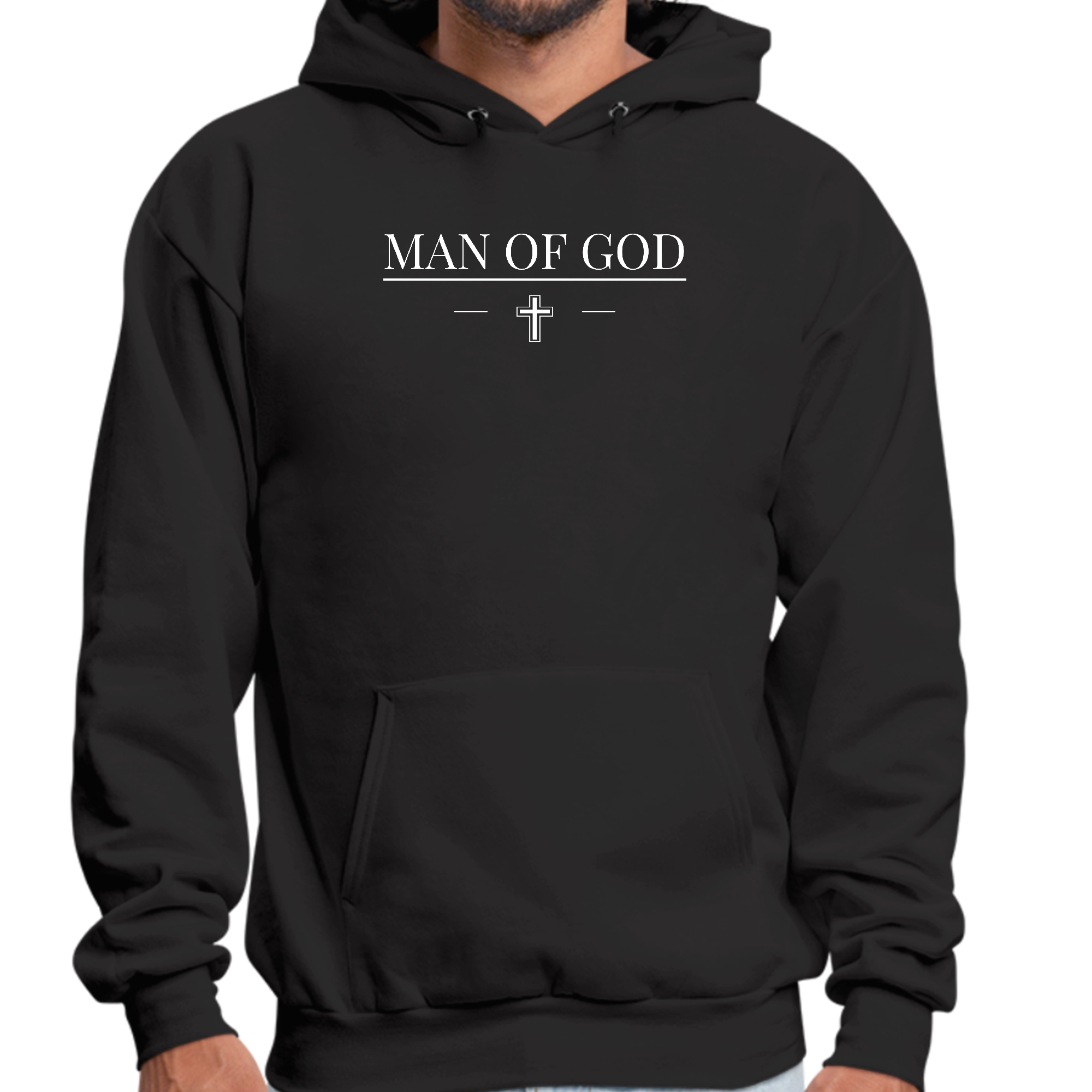 Mens Graphic Hoodie featuring a unique Man of God print, designed for comfort and style with a drawstring neckline and long sleeves.