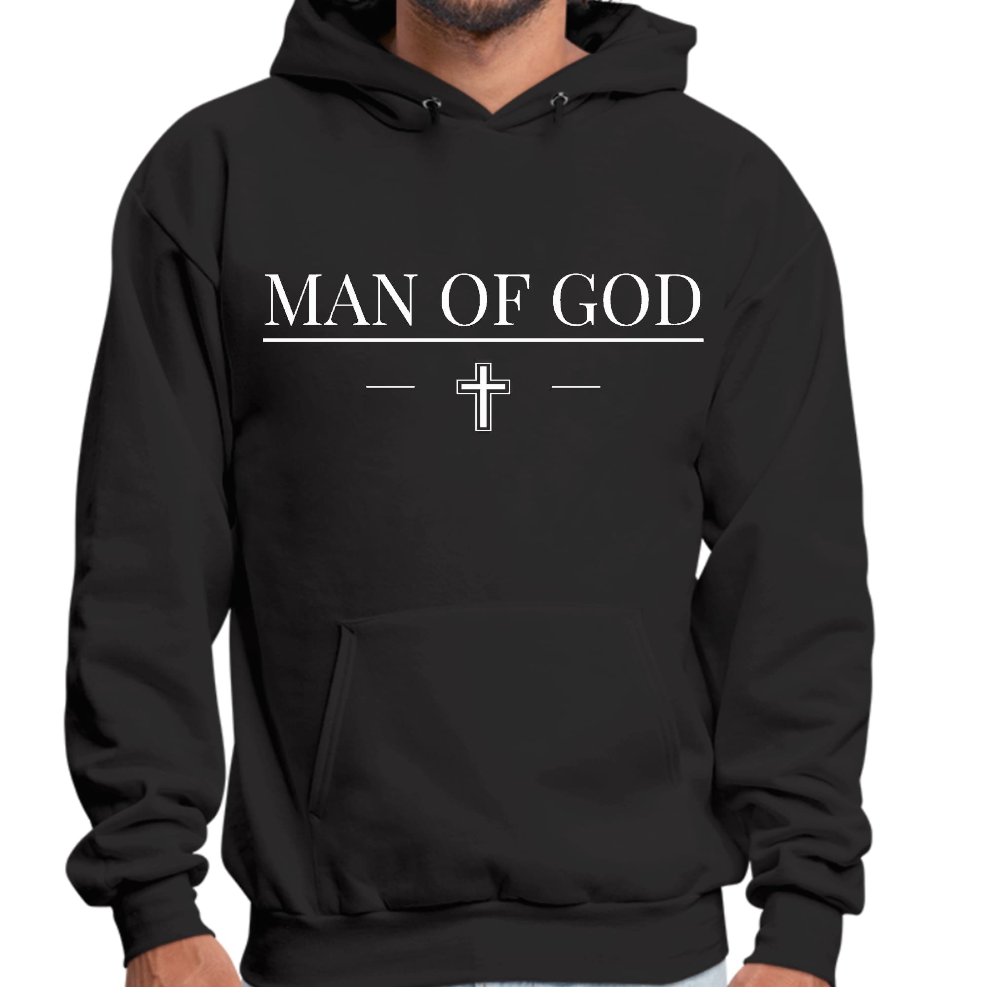 Mens Graphic Hoodie featuring a unique Man of God print, designed for comfort and style with a drawstring neckline and long sleeves.