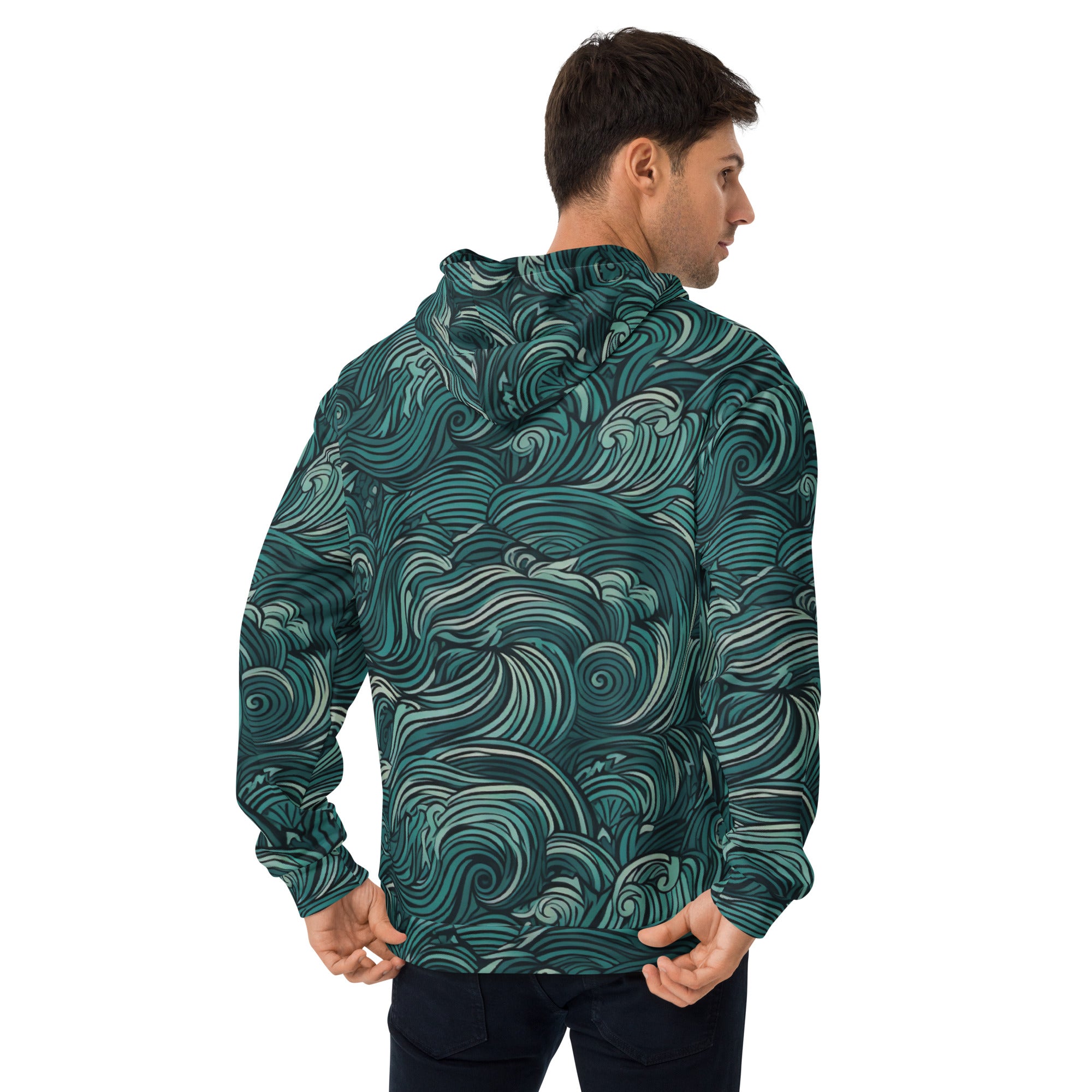 Men's mint green graphic hoodie featuring a vibrant water wave print, showcasing a stylish design with a double-lined hood and front pouch pocket.