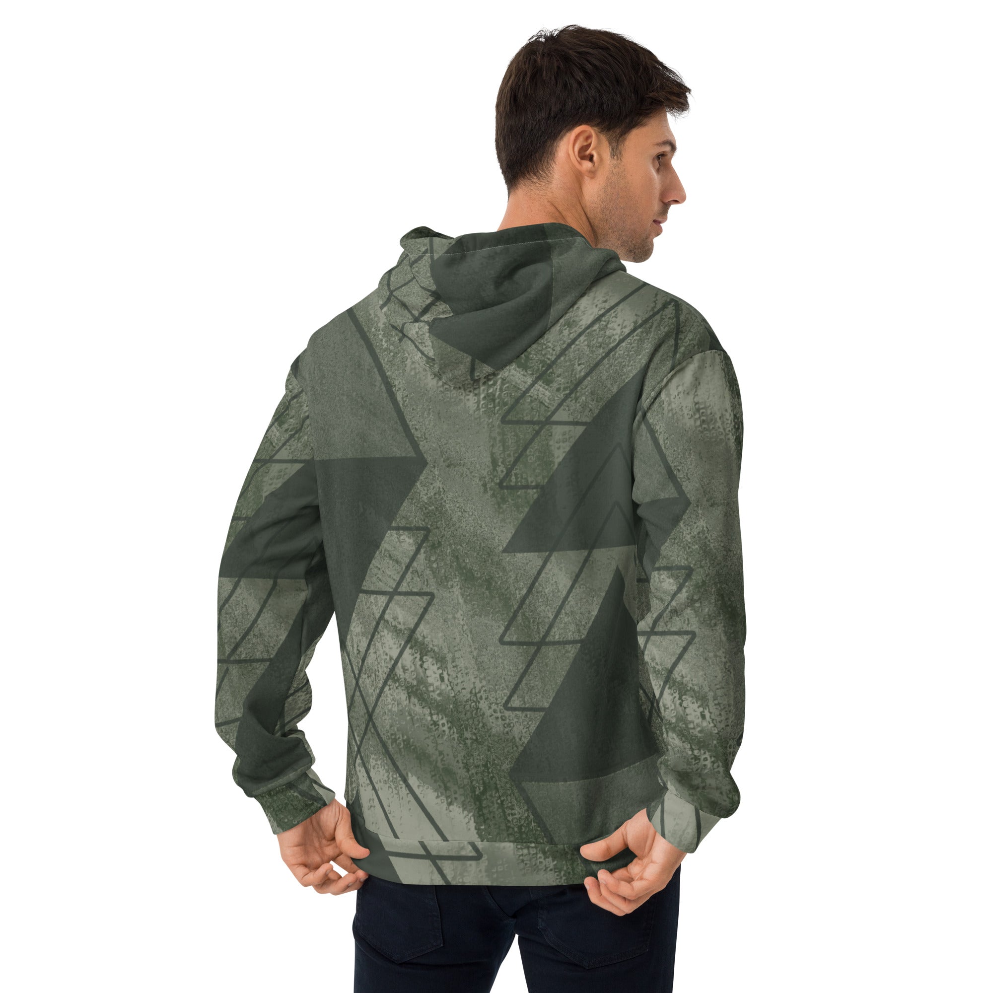 Mens Graphic Hoodie in Olive Green featuring a triangular colorblock design, showcasing a modern and stylish look with a comfortable fit.