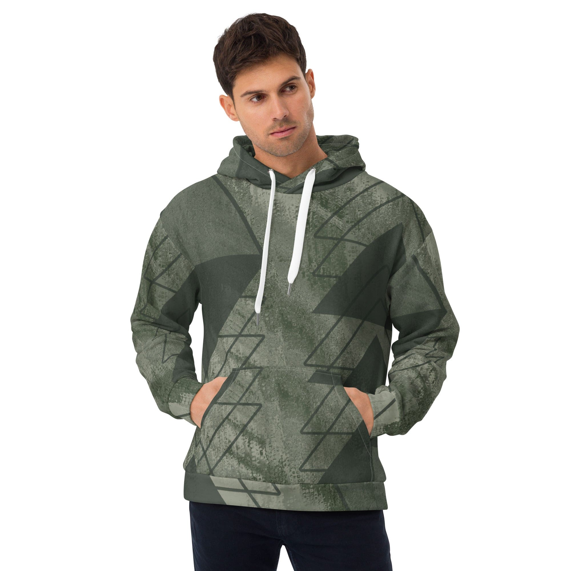 Mens Graphic Hoodie in Olive Green featuring a triangular colorblock design, showcasing a modern and stylish look with a comfortable fit.