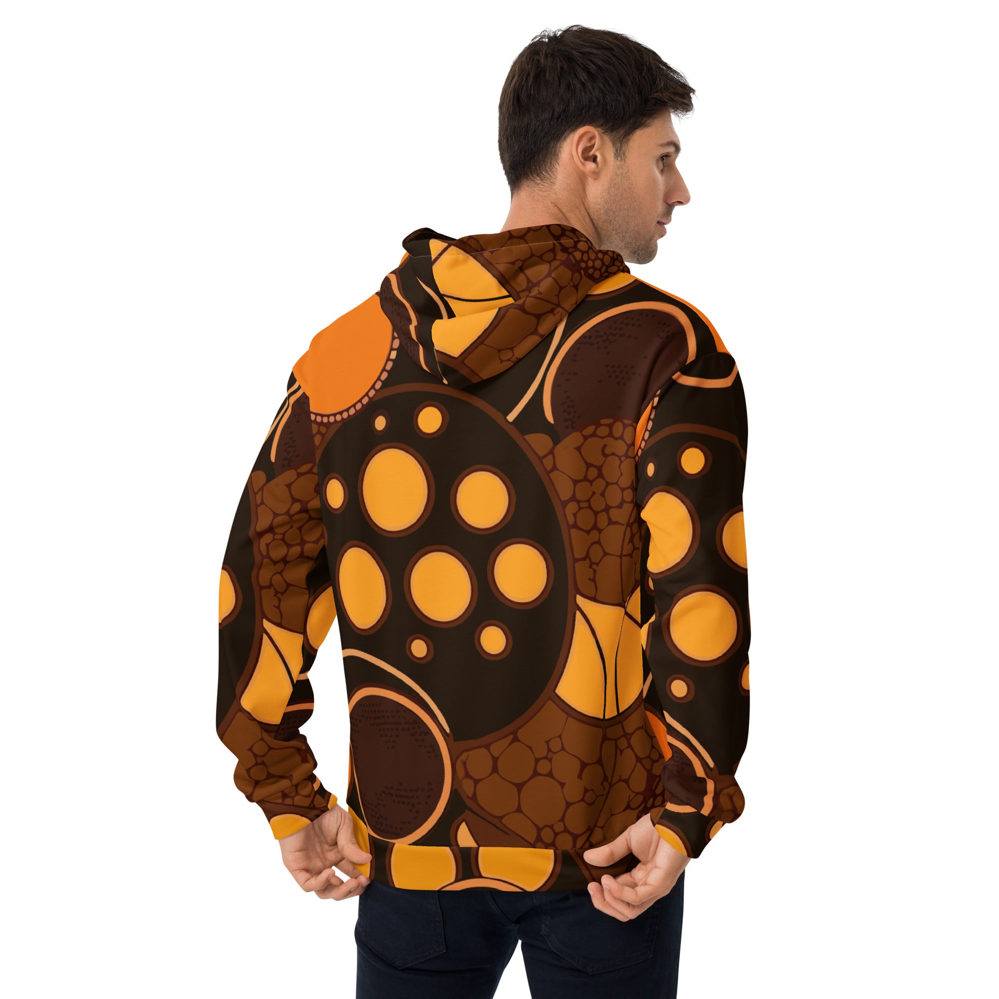 Men's Graphic Hoodie featuring an orange and brown spotted print, showcasing a stylish design with a double-lined hood and front pouch pocket.