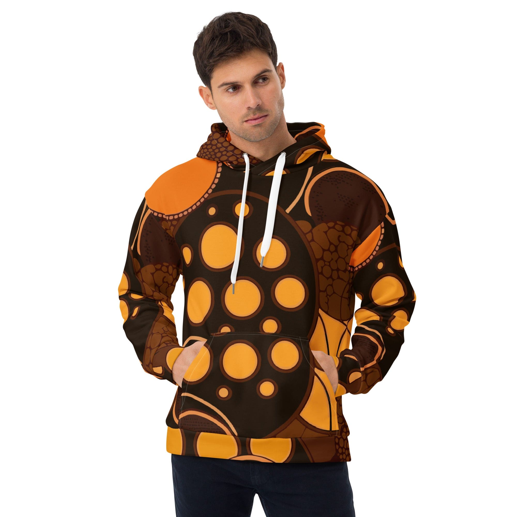 Men's Graphic Hoodie featuring an orange and brown spotted print, showcasing a stylish design with a double-lined hood and front pouch pocket.