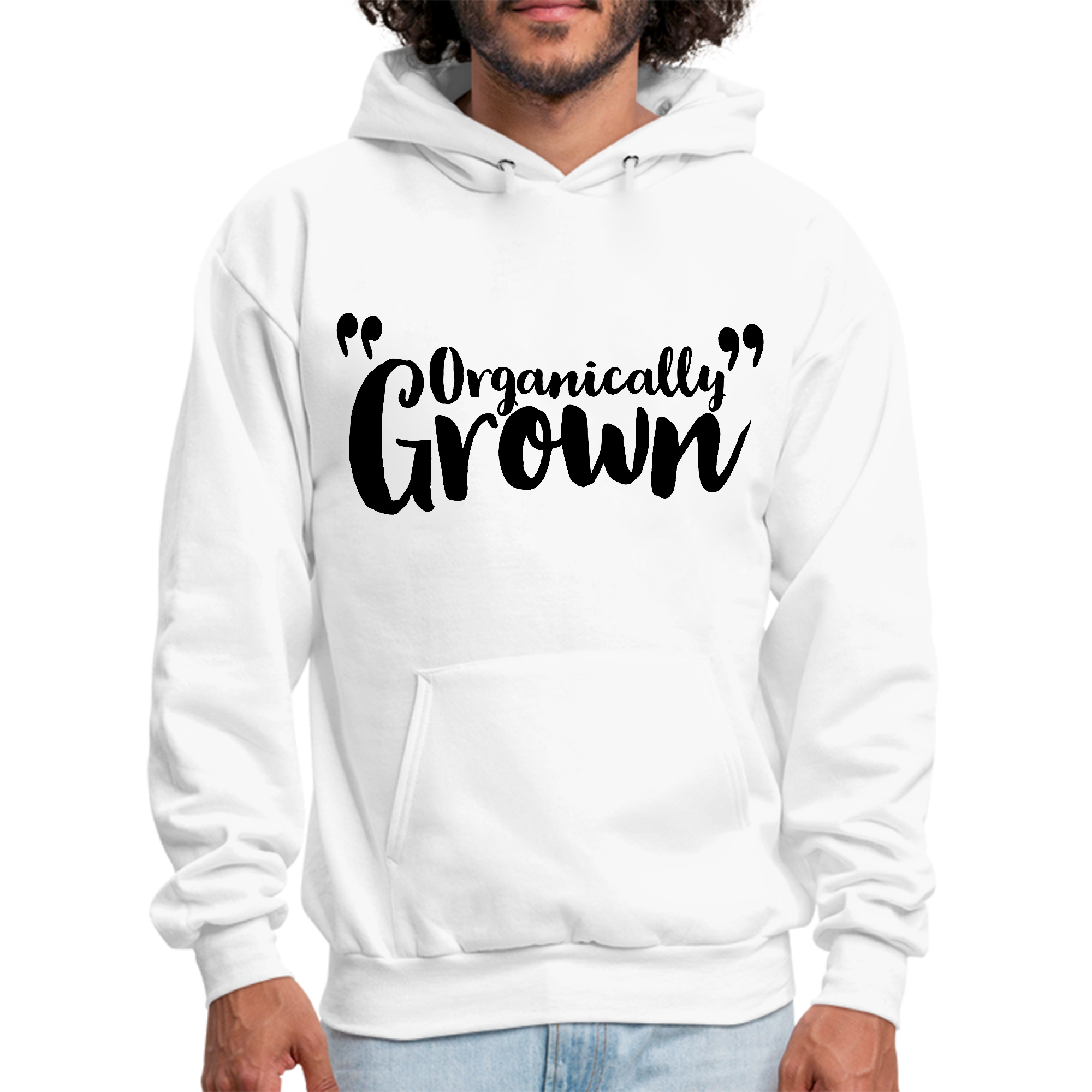 Mens Graphic Hoodie in black featuring an inspiring affirmation design, made from organically grown materials for comfort and durability.