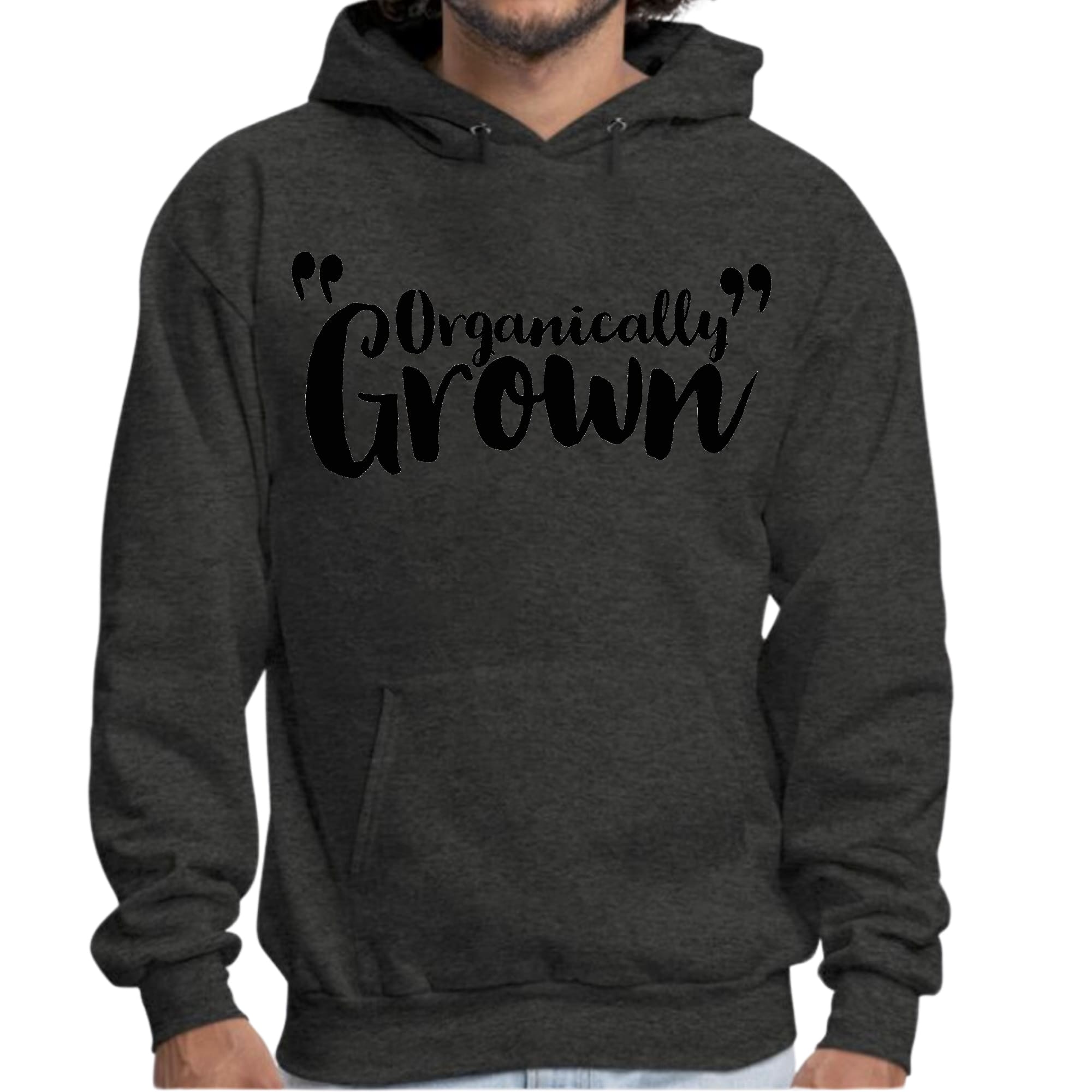 Mens Graphic Hoodie in black featuring an inspiring affirmation design, made from organically grown materials for comfort and durability.