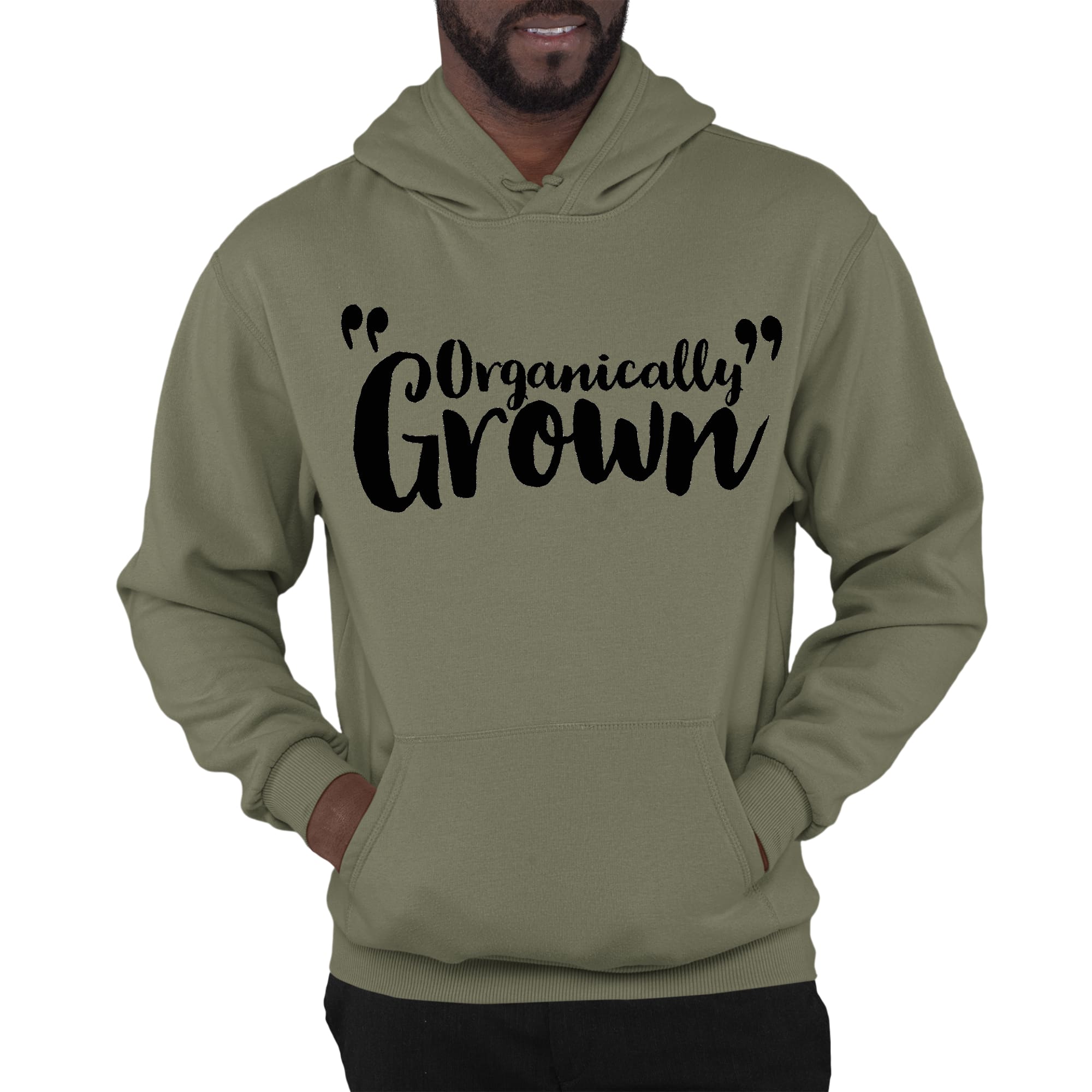 Mens Graphic Hoodie in black featuring an inspiring affirmation design, made from organically grown materials for comfort and durability.