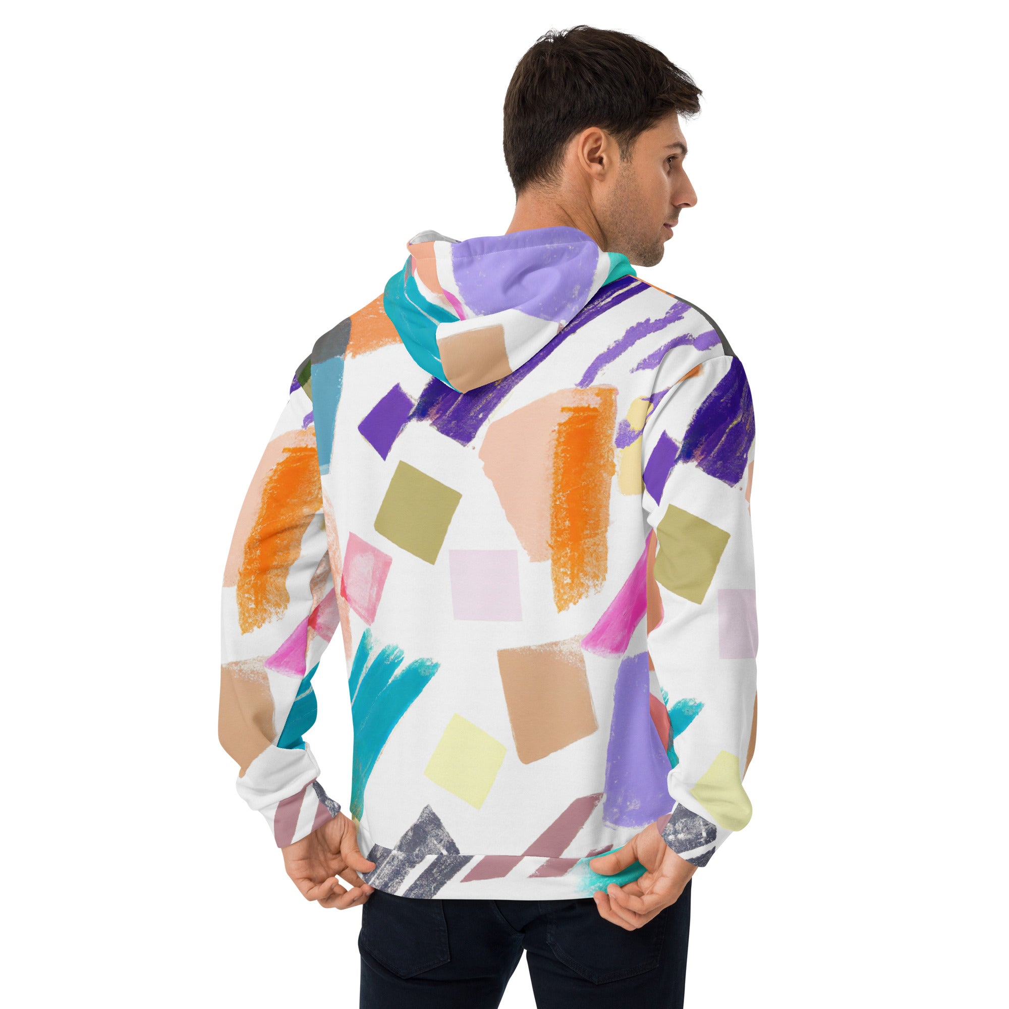 Mens Graphic Hoodie featuring a vibrant pastel pattern, showcasing unique graphics and a comfortable design.