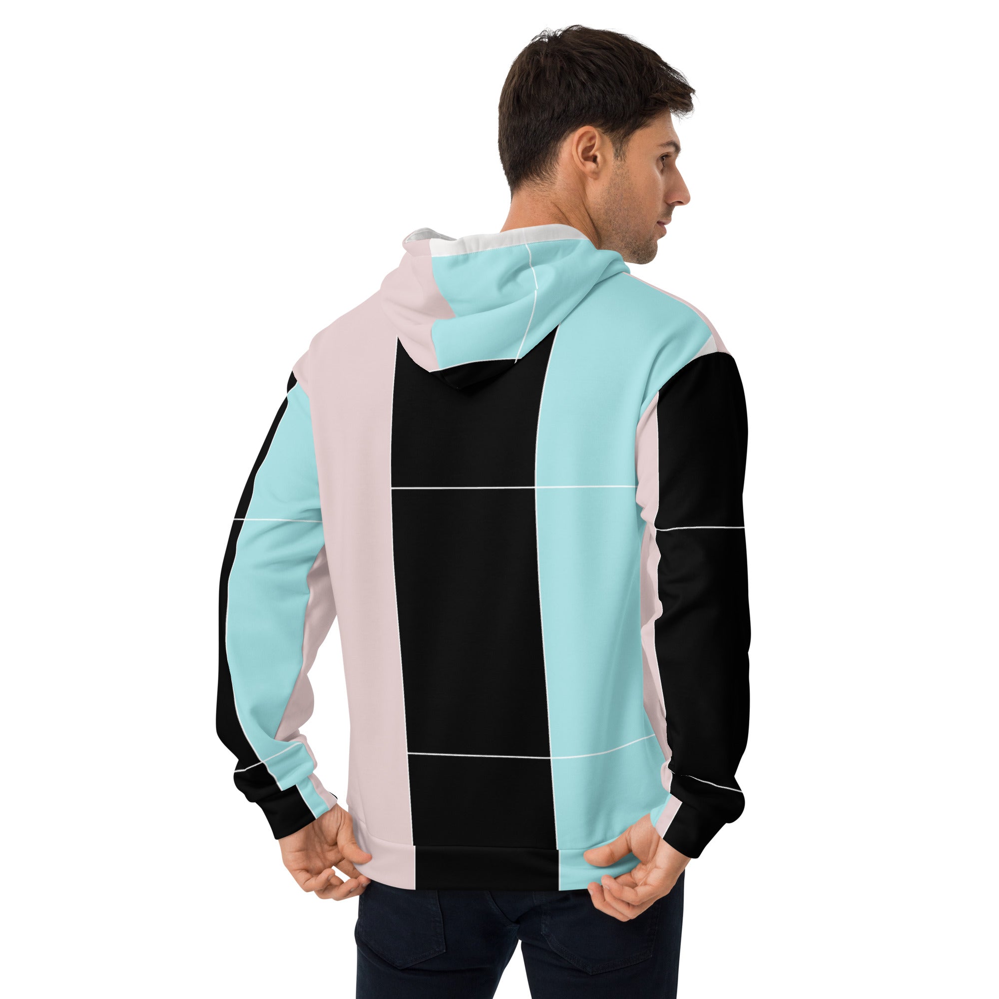 Mens Graphic Hoodie featuring pastel pink, black, and blue colorblock design with dynamic graphics and a comfortable fit.