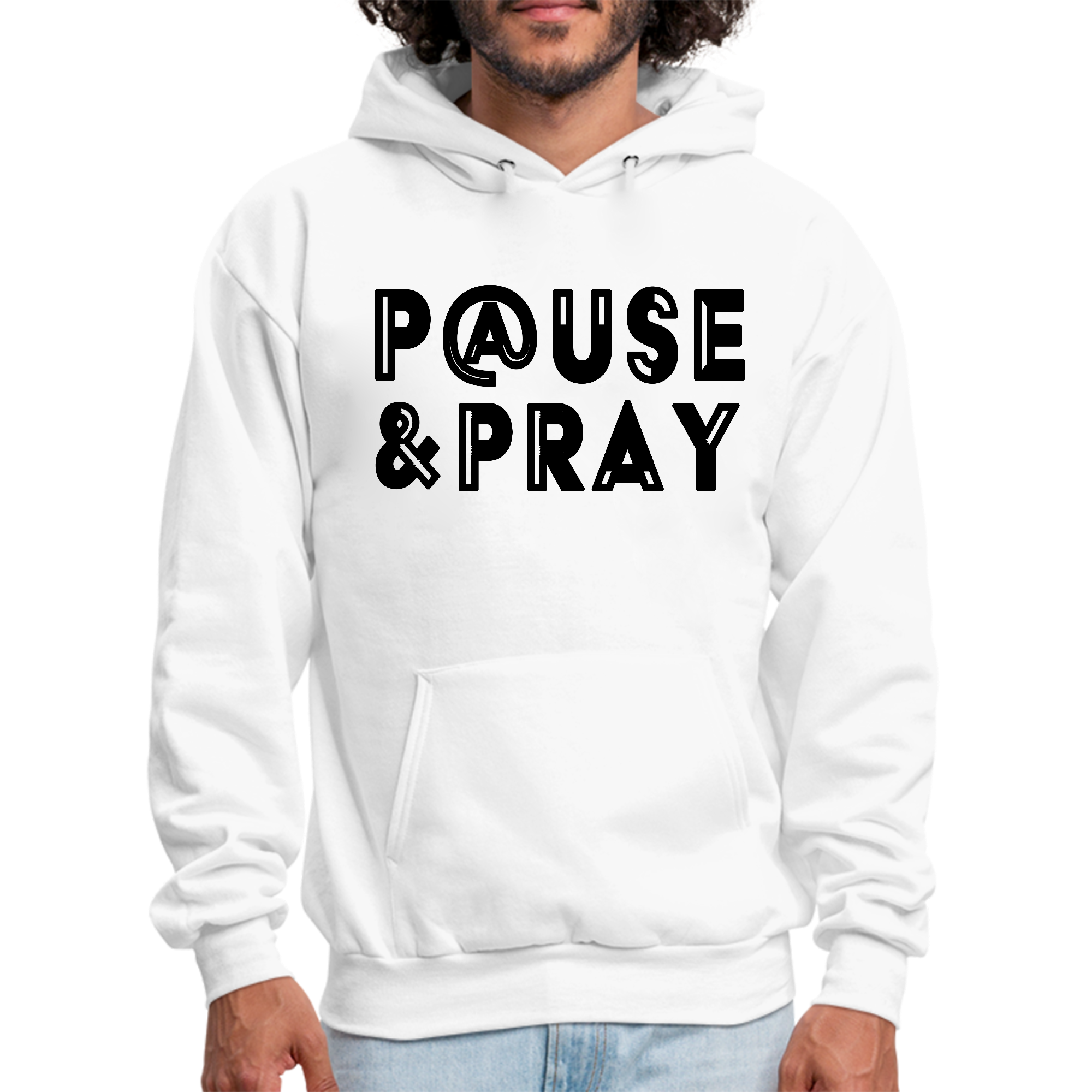 Men's Graphic Hoodie in black with 'Pause and Pray' illustration, showcasing a comfortable fit and stylish design.