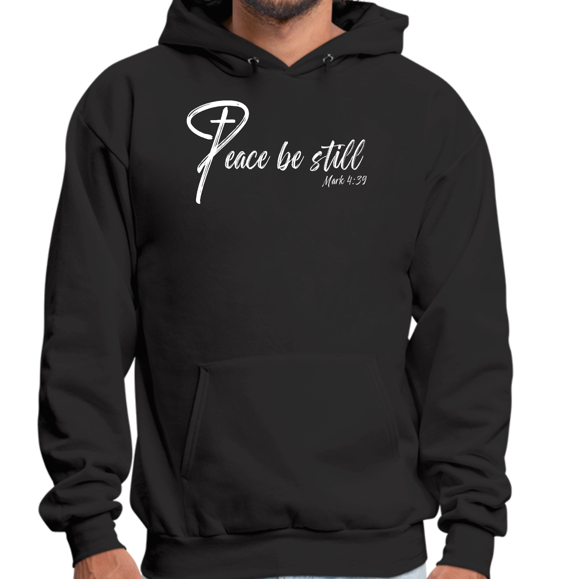 Men's Graphic Hoodie with 'Peace Be Still' illustration, showcasing a comfortable fit and durable fabric.