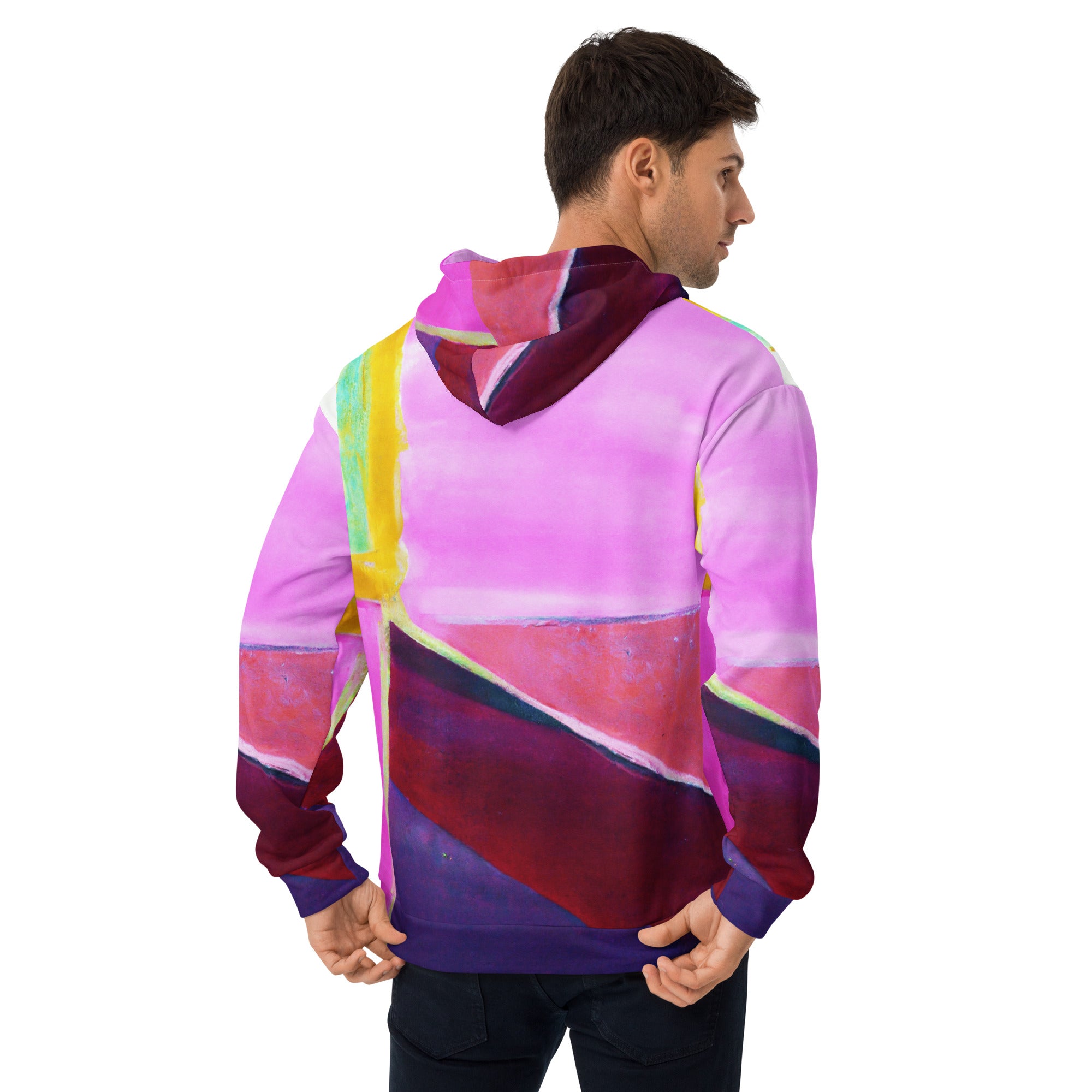 Men's graphic hoodie featuring a vibrant pink and purple pattern, showcasing a stylish design with a comfortable fit.