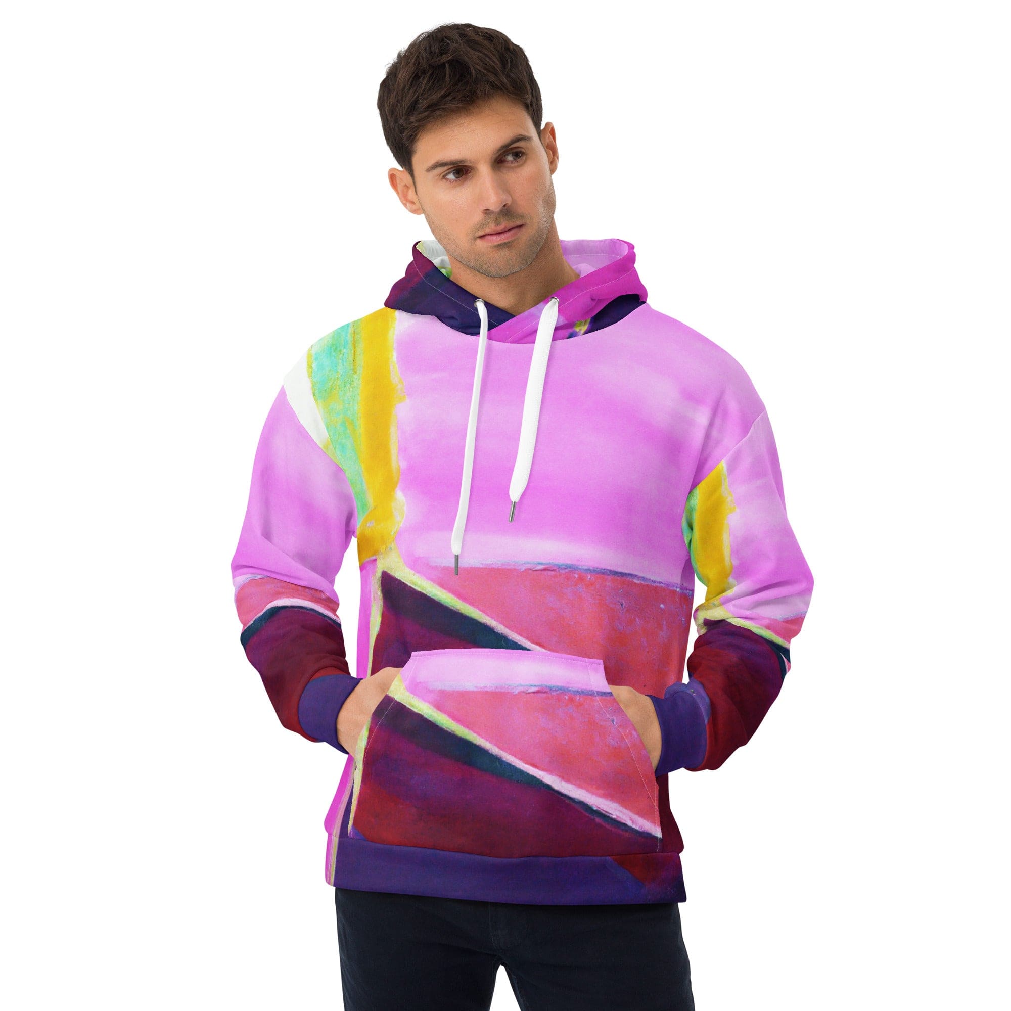 Men's graphic hoodie featuring a vibrant pink and purple pattern, showcasing a stylish design with a comfortable fit.