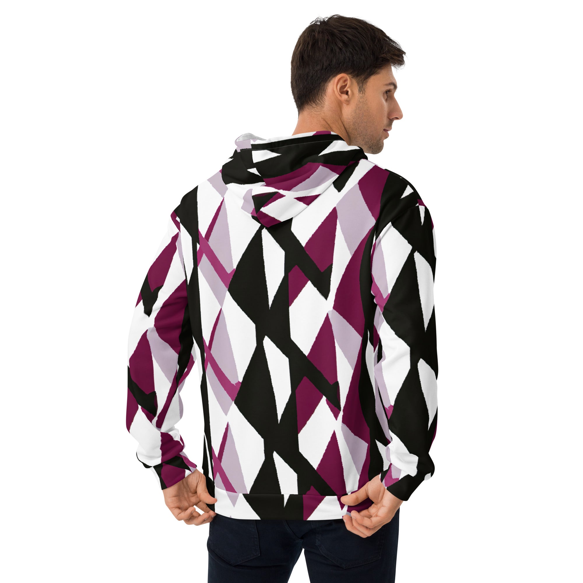 Men's Graphic Hoodie in Pink Mauve Pattern featuring a dynamic all-over print, double-lined hood, and front pouch pocket.