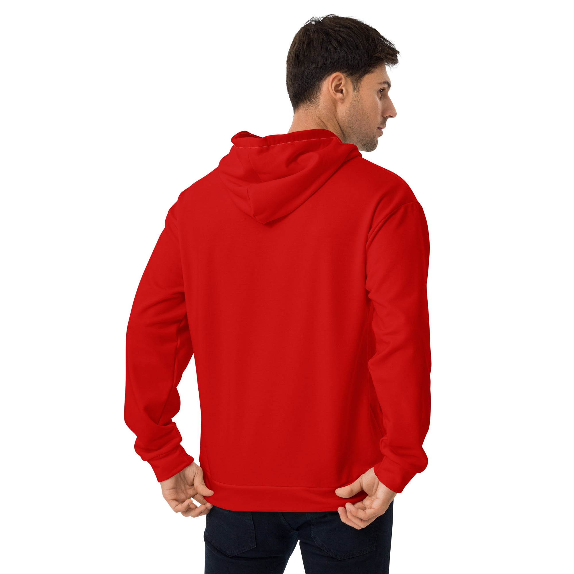 Mens Graphic Hoodie in Red featuring dynamic all-over print, double-lined hood, and front pouch pocket.