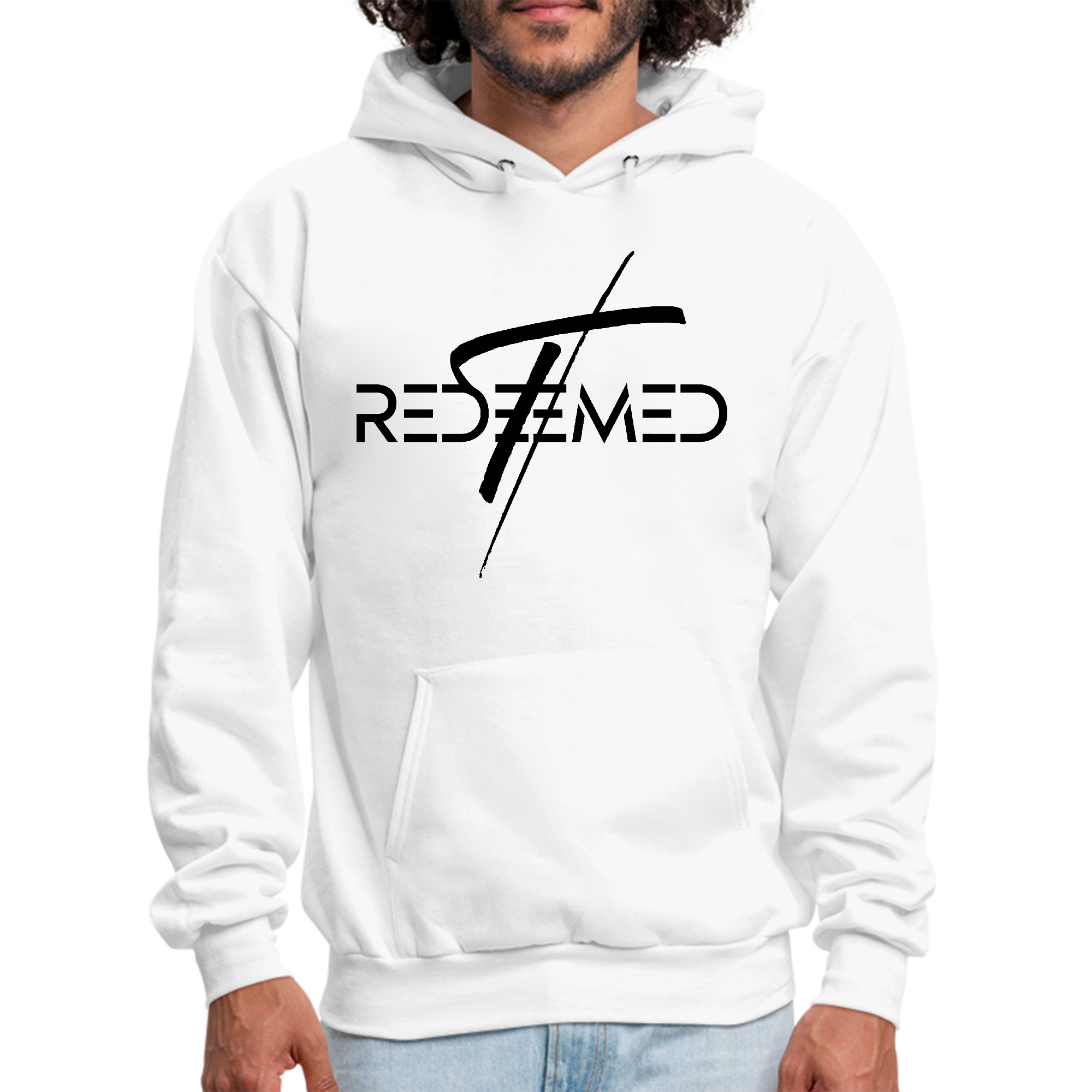 Mens Graphic Hoodie featuring a Redeemed Cross design in black, showcasing a comfortable fit and stylish illustration.