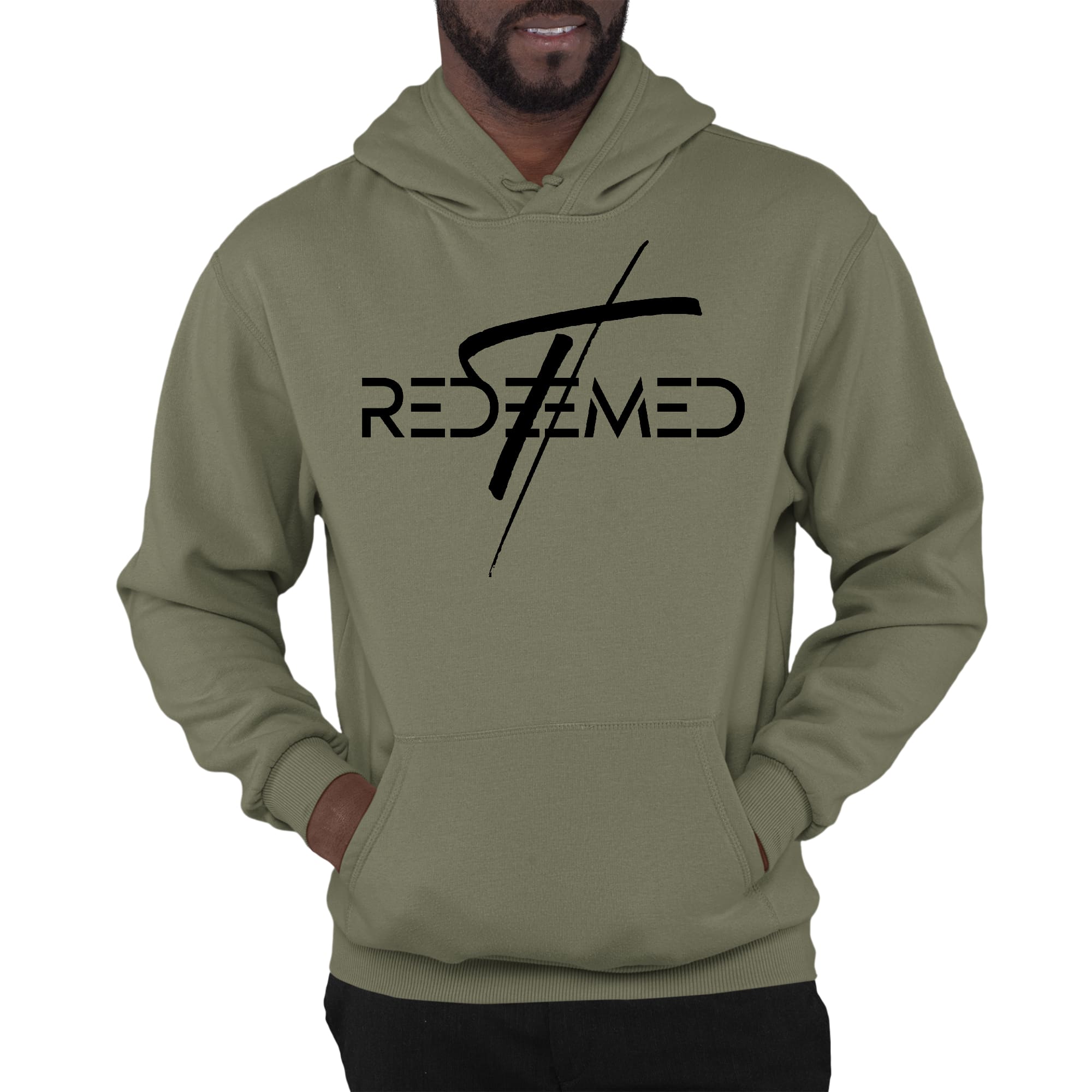 Mens Graphic Hoodie featuring a Redeemed Cross design in black, showcasing a comfortable fit and stylish illustration.