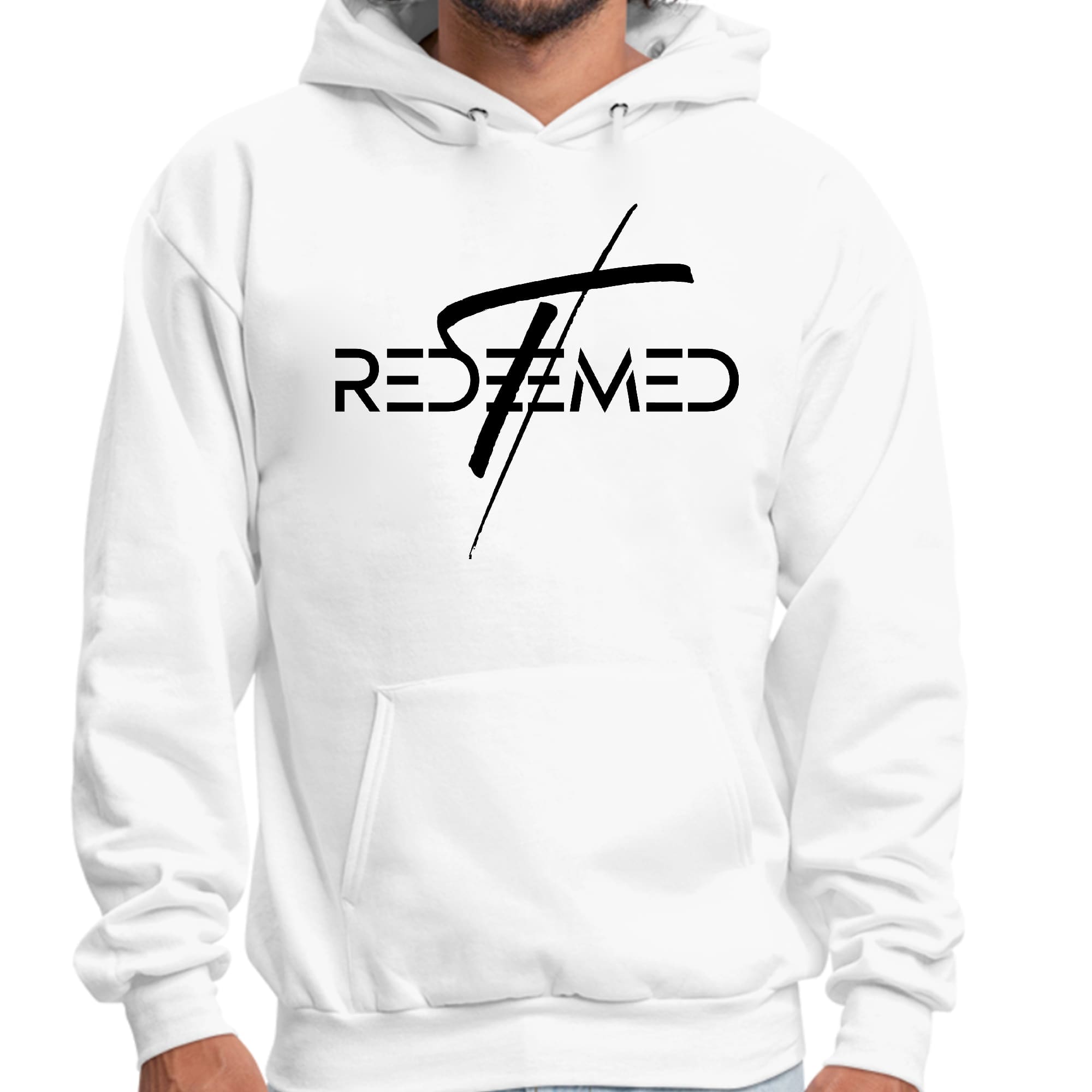 Mens Graphic Hoodie featuring a Redeemed Cross design in black, showcasing a comfortable fit and stylish illustration.