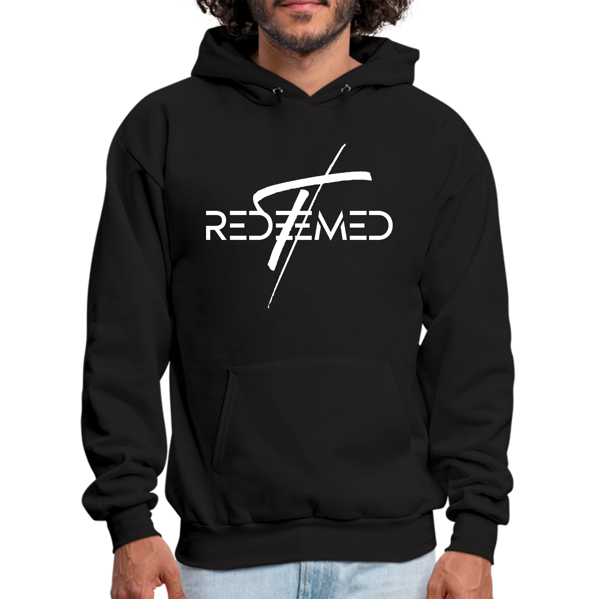 Mens Graphic Hoodie featuring a Redeemed Christian Cross print, showcasing a comfortable and stylish design suitable for everyday wear.