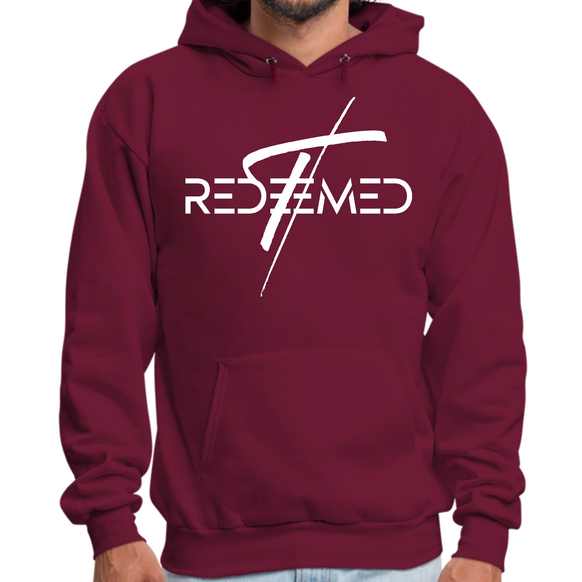 Mens Graphic Hoodie featuring a Redeemed Christian Cross print, showcasing a comfortable and stylish design suitable for everyday wear.