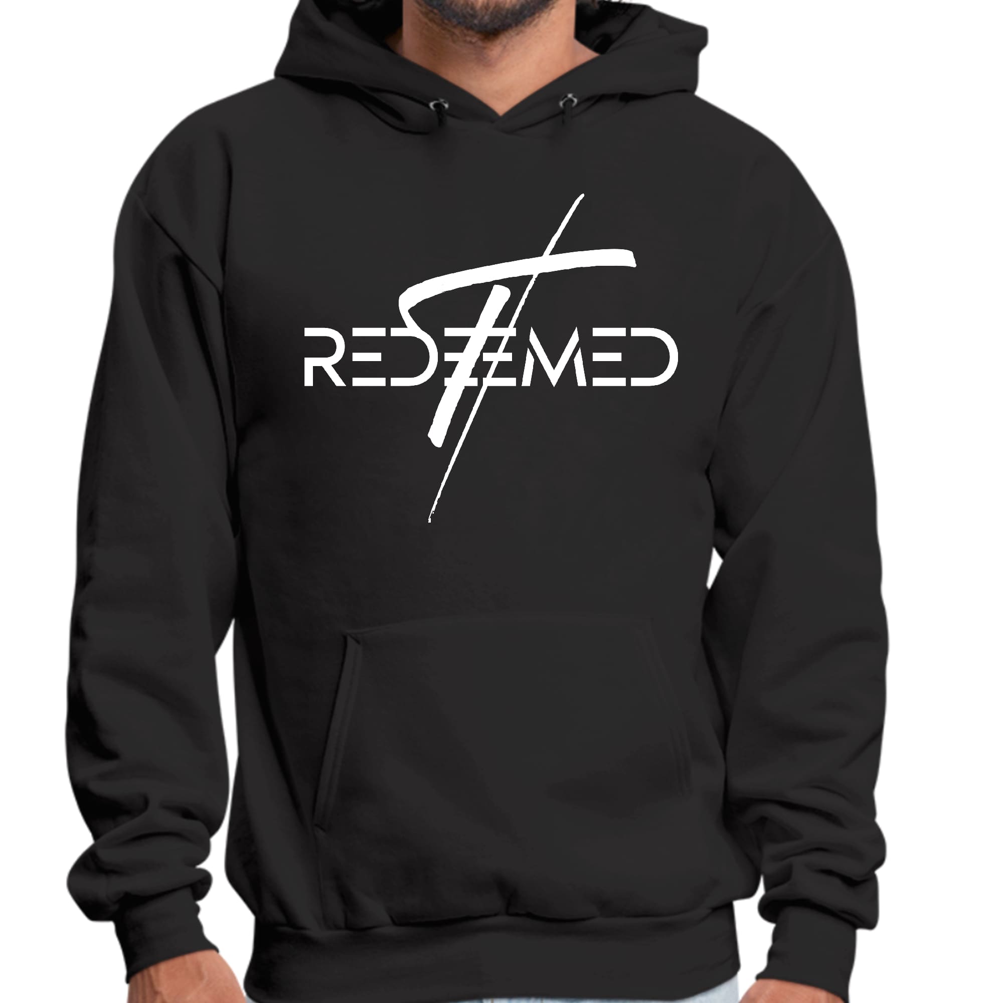 Mens Graphic Hoodie featuring a Redeemed Christian Cross print, showcasing a comfortable and stylish design suitable for everyday wear.