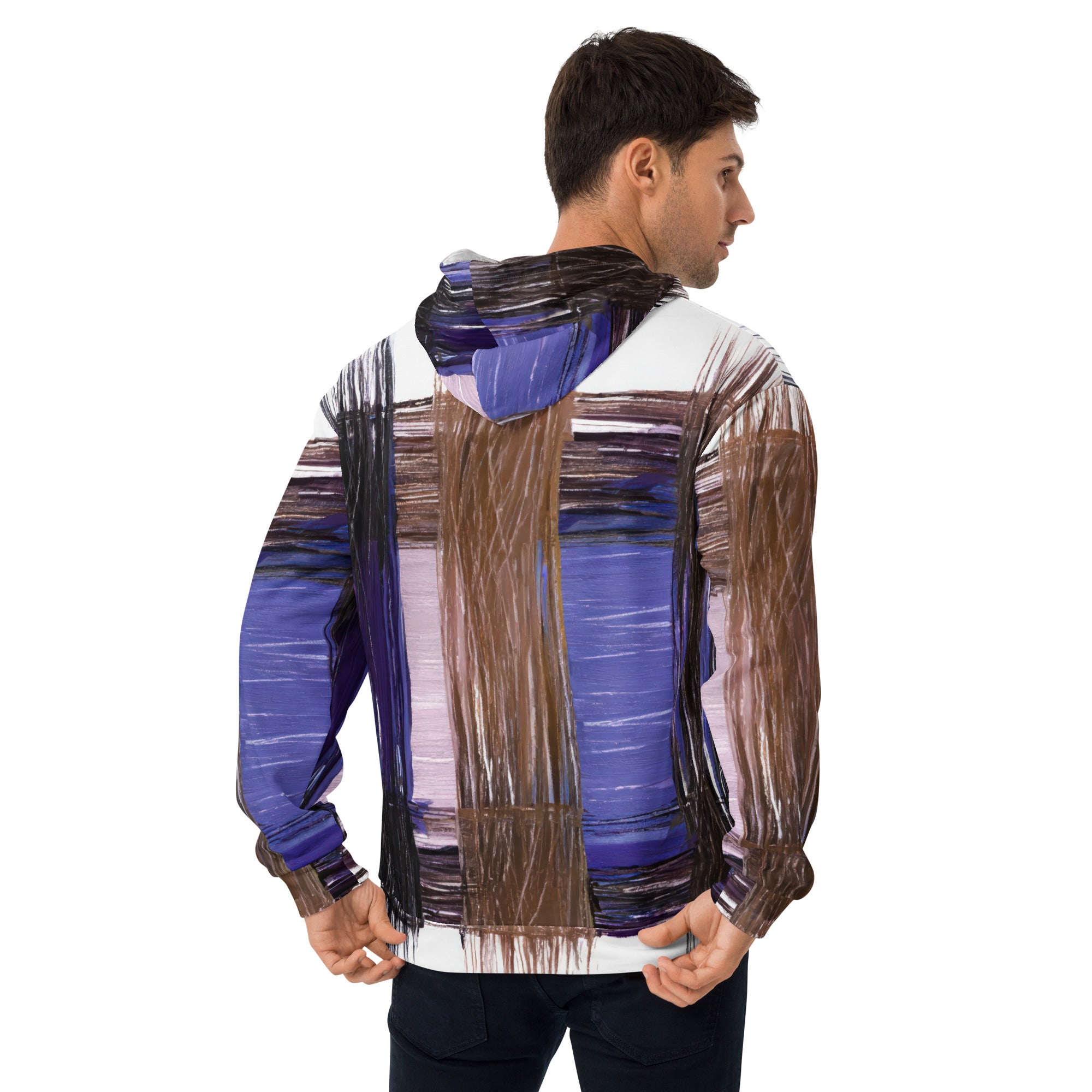 Men's Graphic Hoodie in Rustic Brown featuring an interweave print, showcasing a stylish design with a double-lined hood and front pouch pocket.